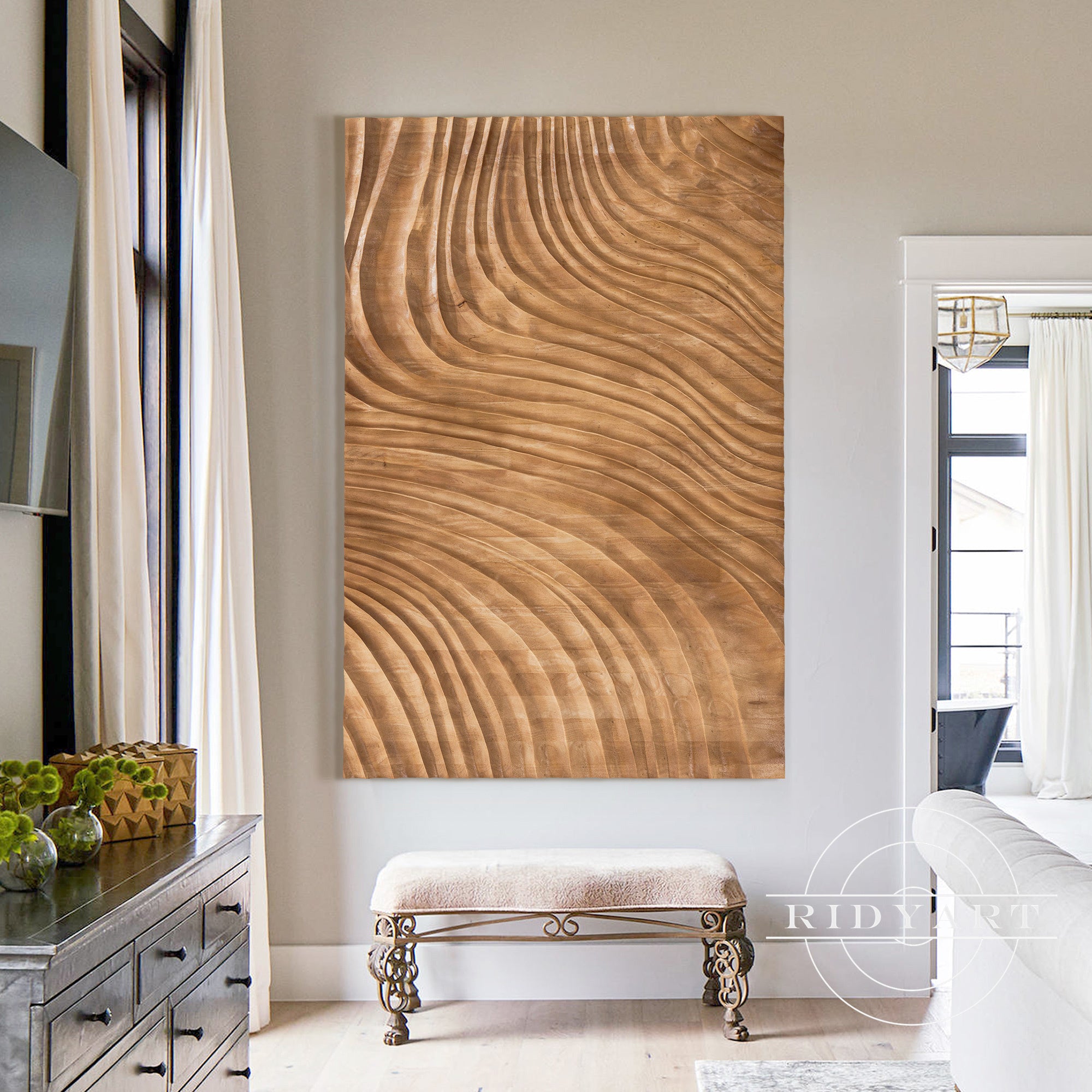 Contemporary wavy geometric wood sculpture