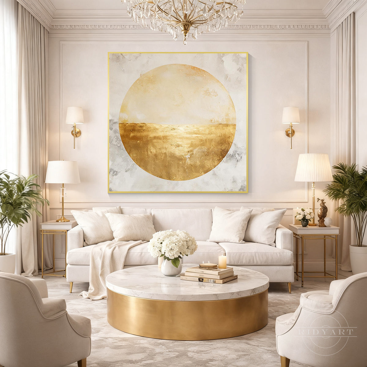 Contemporary geometric wall art displaying a metallic gold and cream circular motif above a modern dining setup.