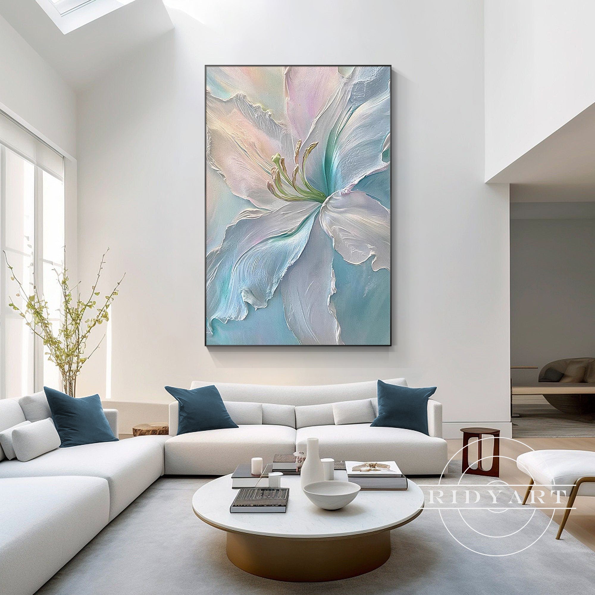 Contemporary abstract floral canvas wall art blue and purple