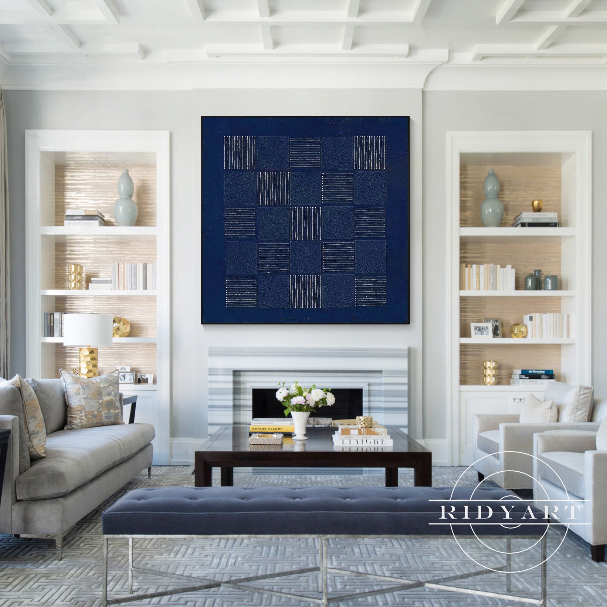 Navy blue square wall decor with hand-painted textures
