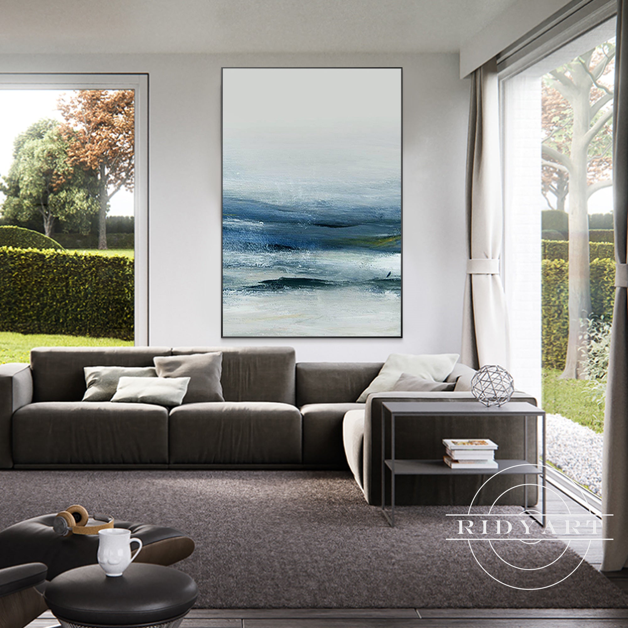 Ocean-inspired abstract painting in blue, gray, and teal tones