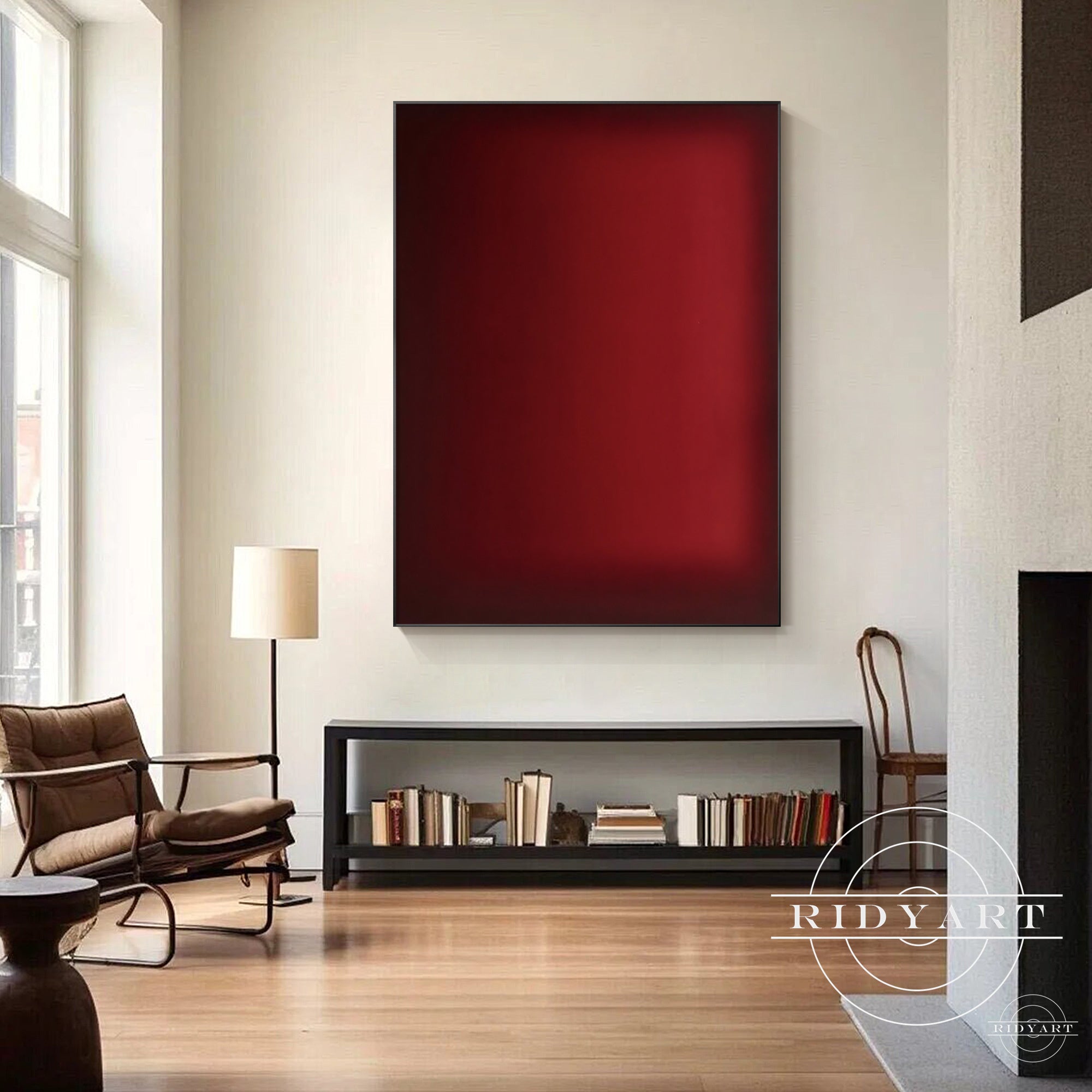 Hand-painted gradient abstract canvas wall art in burgundy