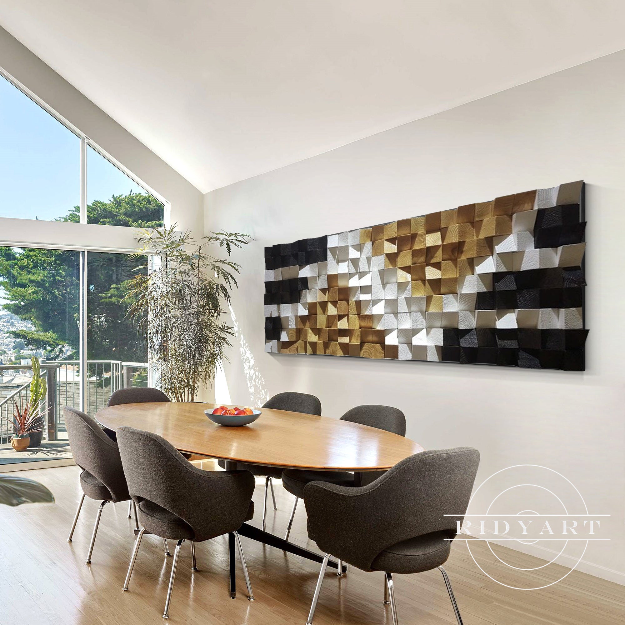 Unique geometric wood artwork for living room or office decor.