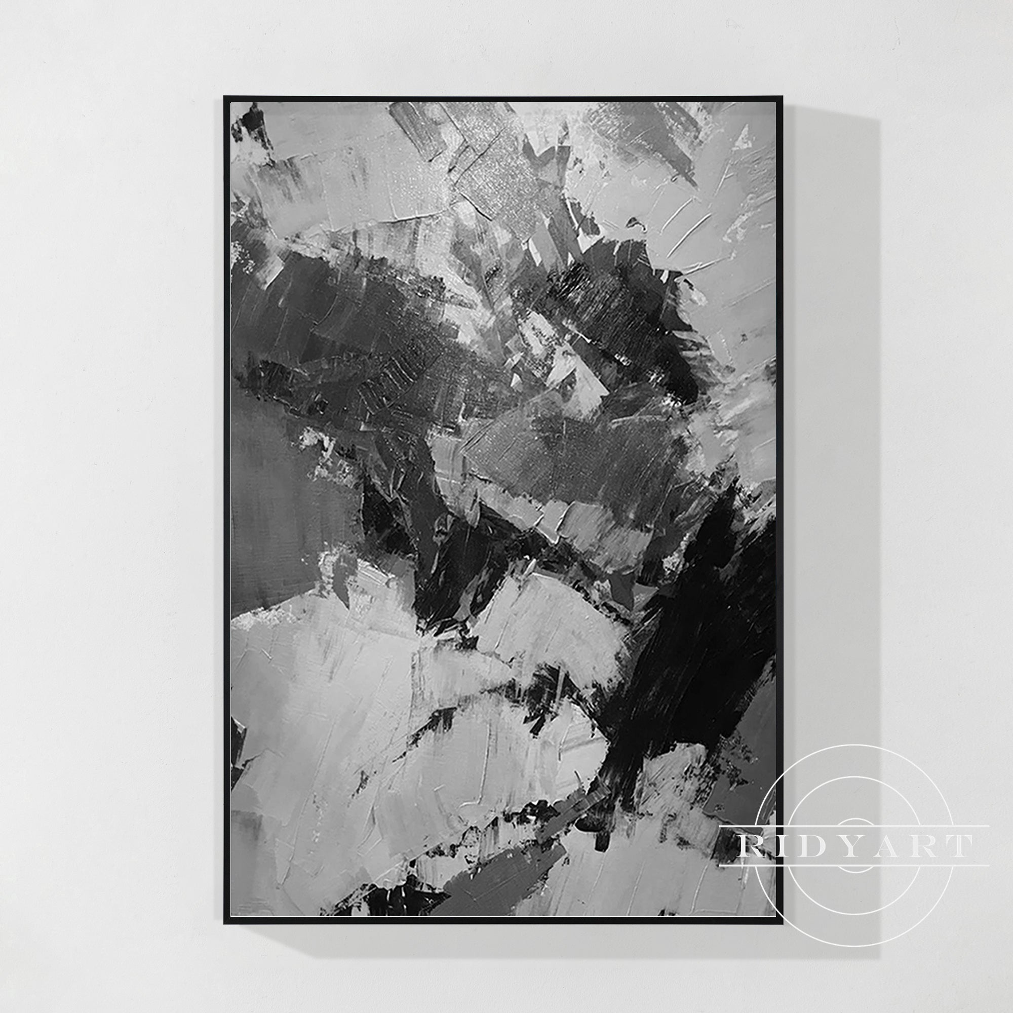 Black gray white abstract textured painting on canvas.