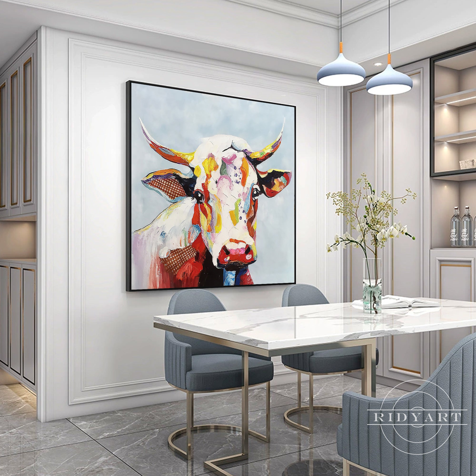Modern farm animal wall art showcasing a striking multicolored cow face with expressive eyes and textured painting style.