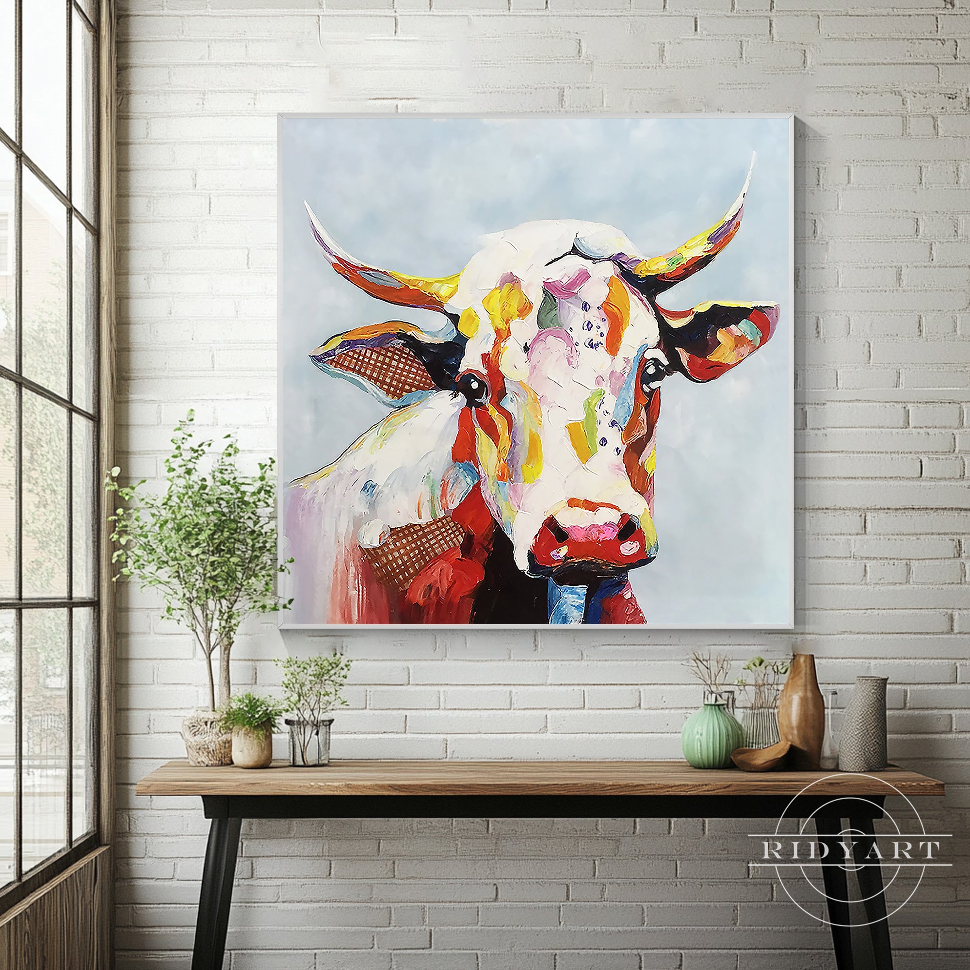 Modern colorful cow painting with expressive acrylic textures, perfect for farmhouse, rustic, and contemporary interiors.