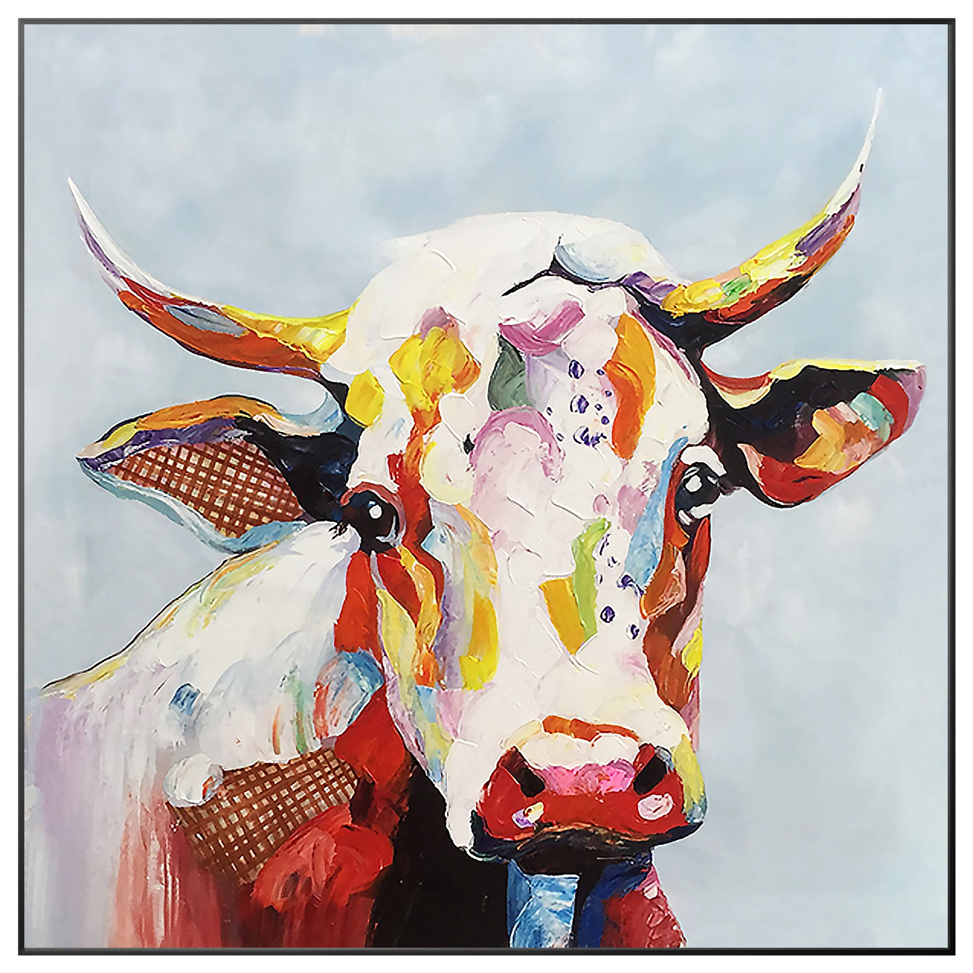 Colorful abstract cow portrait canvas wall art featuring vibrant brushstrokes and modern farmhouse style decor.