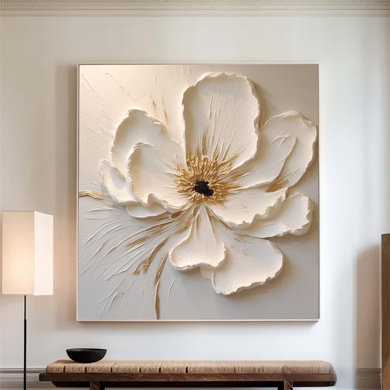 Boho floral wall art with raised texture and golden details