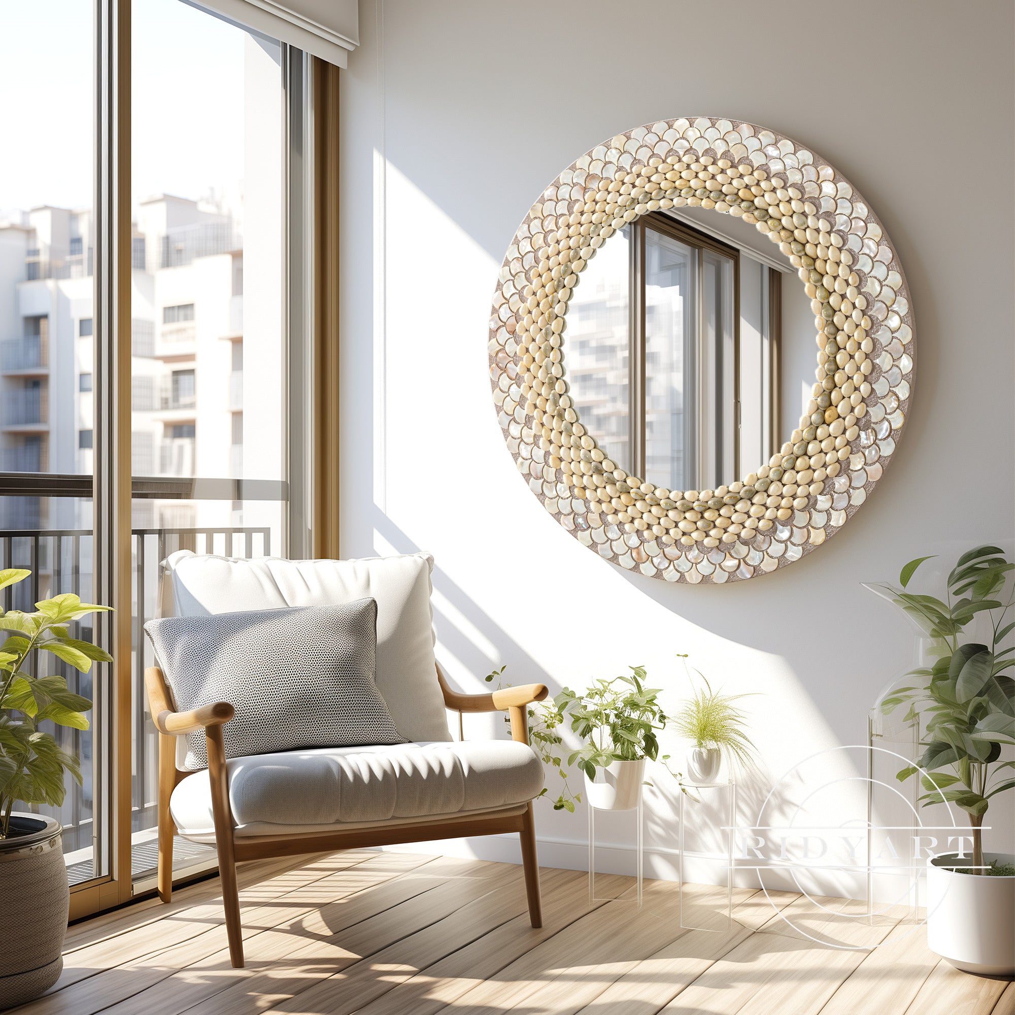 Custom shell art mirror with ocean theme accents