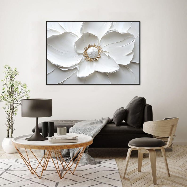 Customizable white flower impasto painting for office decor