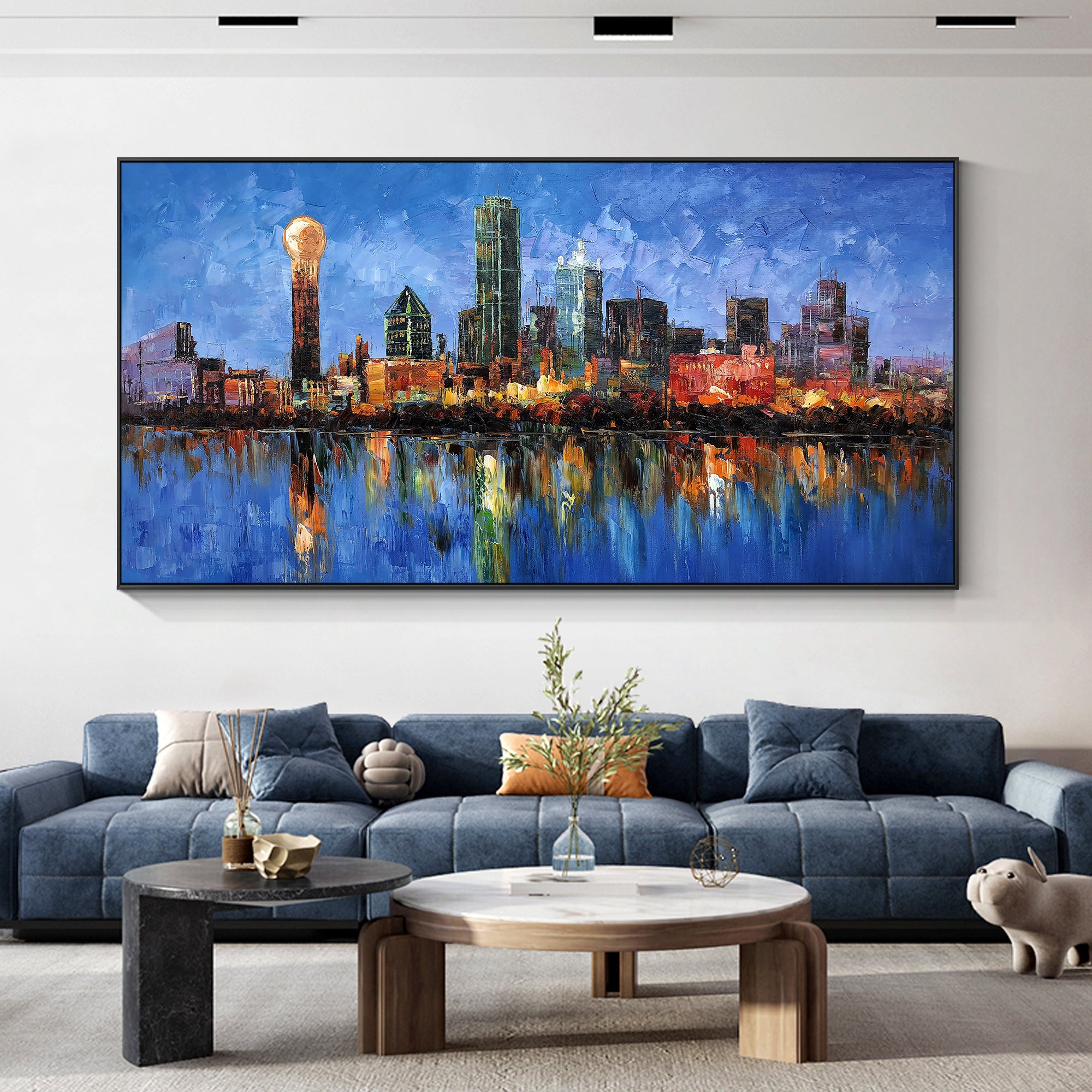 Abstract Dallas cityscape skyline oil painting with blue tones.