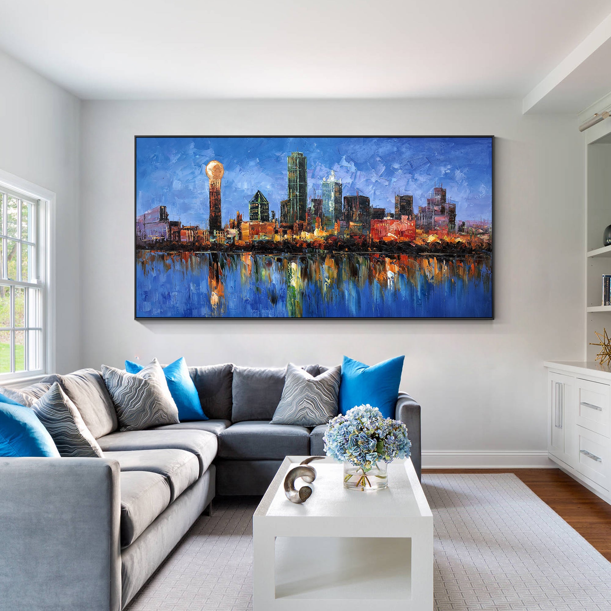 Blue Dallas cityscape oil painting with textured modern design.