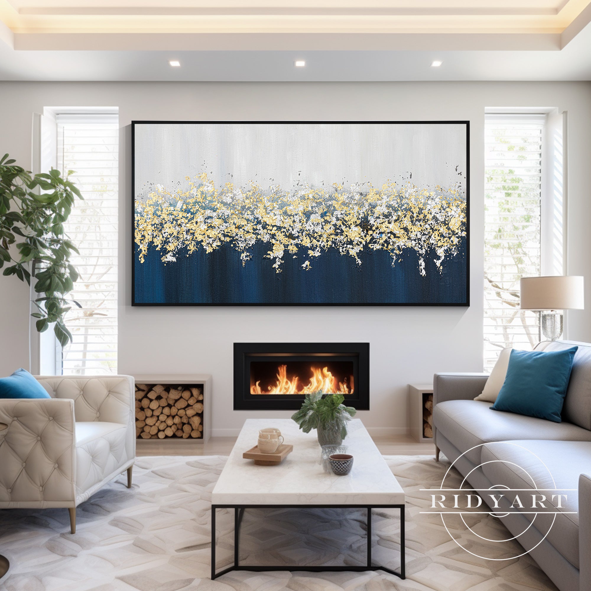 Dark blue textured wall art with metallic floral details