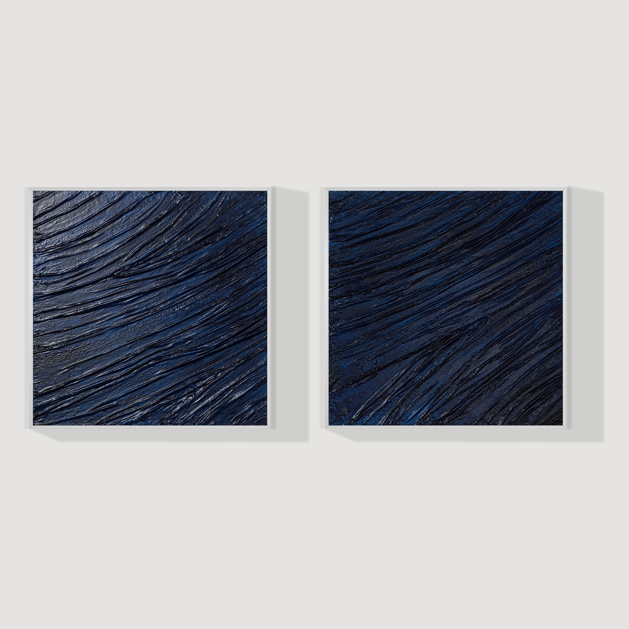 Set of 2 dark blue square paintings with thick textured lines