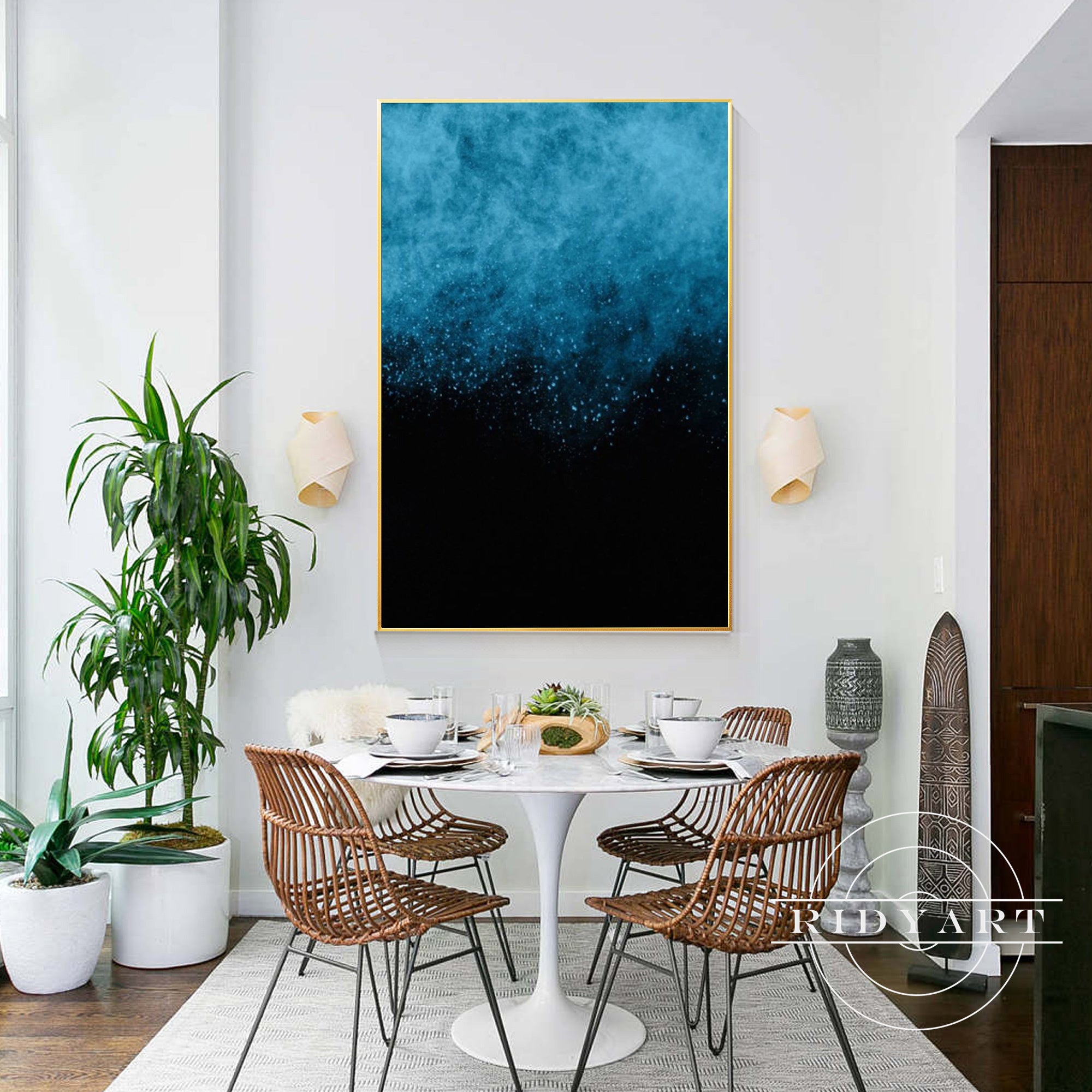 Contemporary abstract ocean painting in black and blue hues