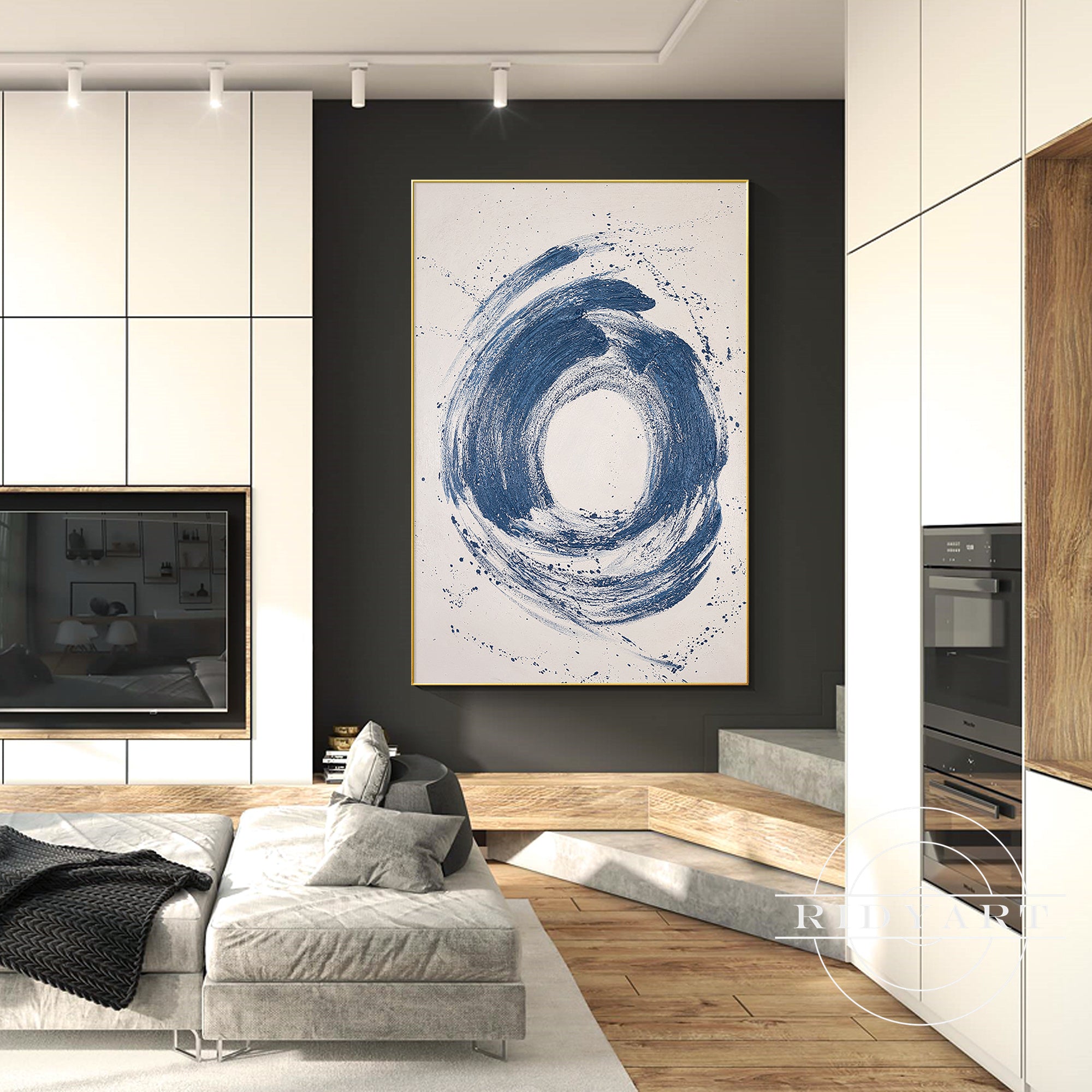 Dark blue swirl vortex painting on canvas
