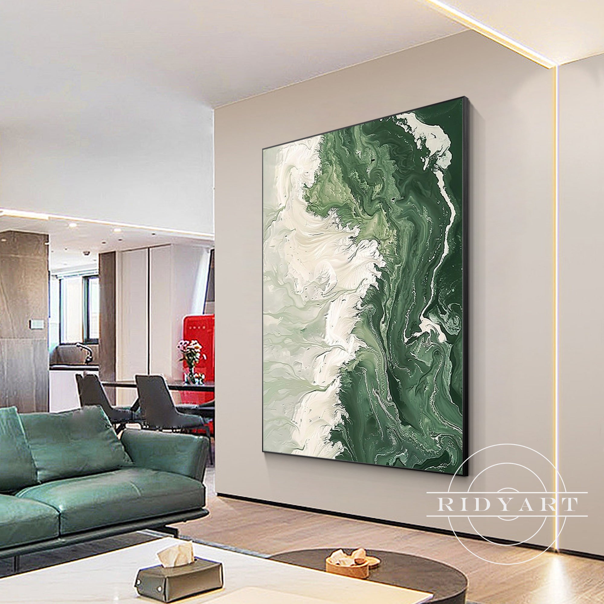 Abstract ocean painting in rich emerald green hues.