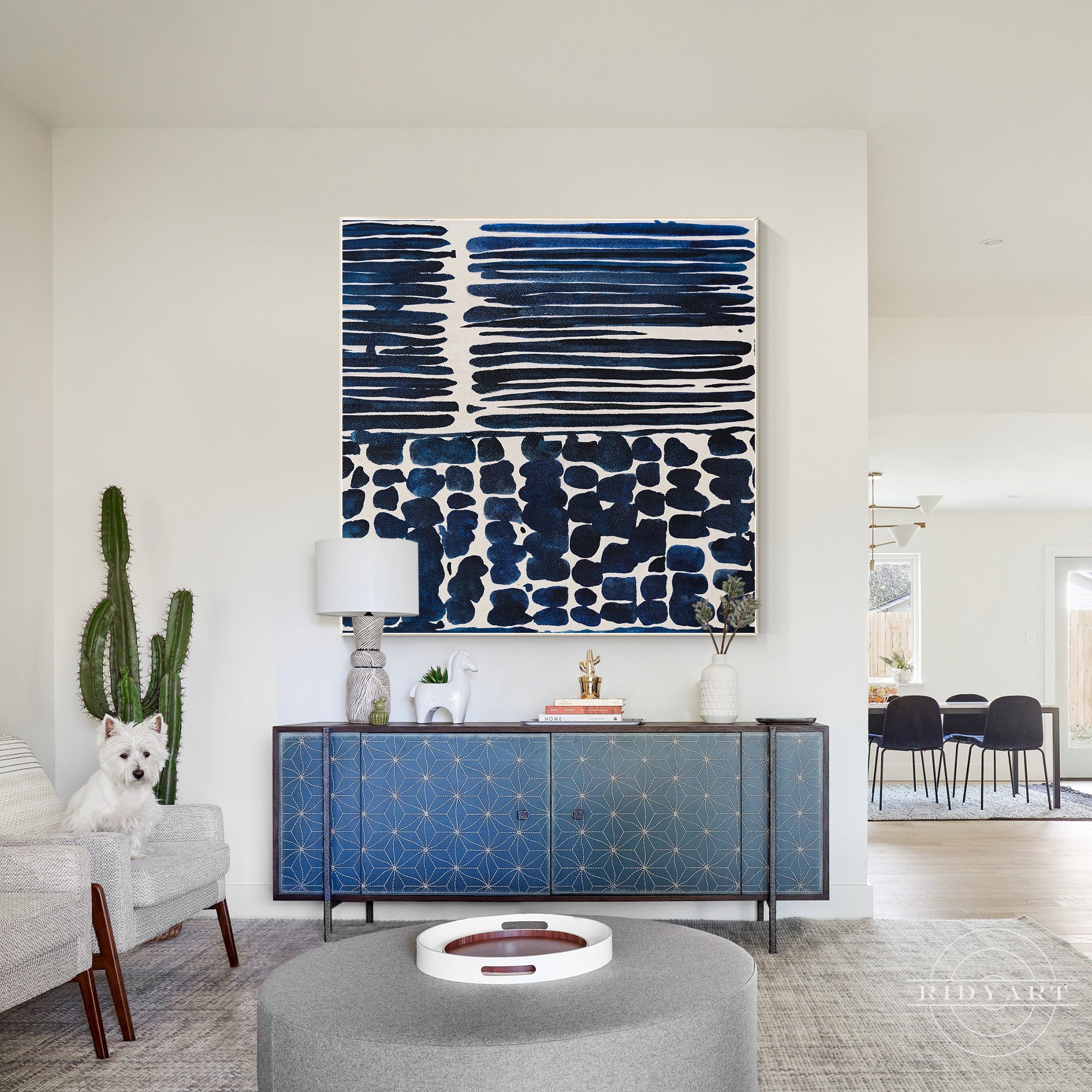 Navy blue textured abstract painting on canvas, framed wall art.
