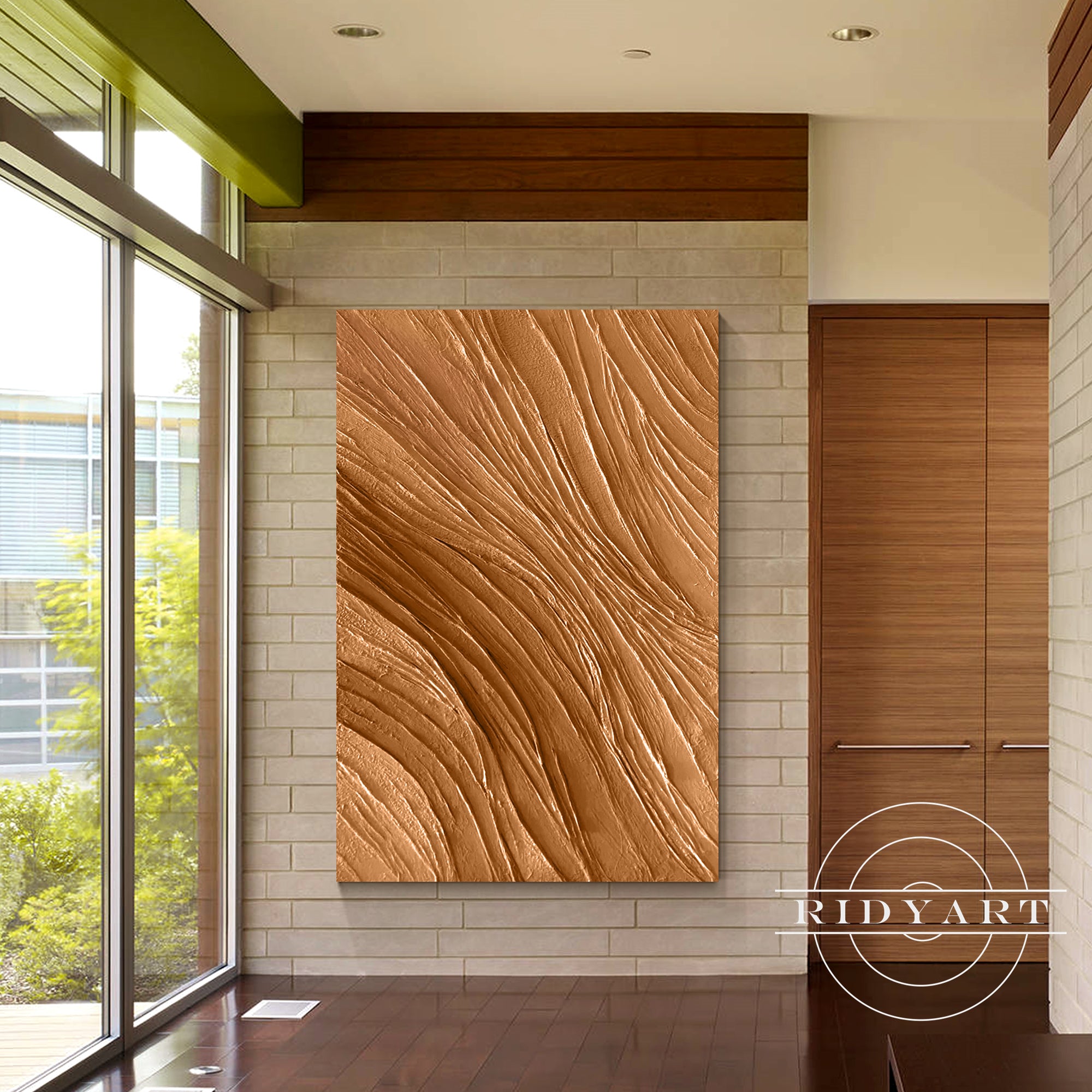 Arte su tela astratta minimalista con texture 3D nei toni della terra