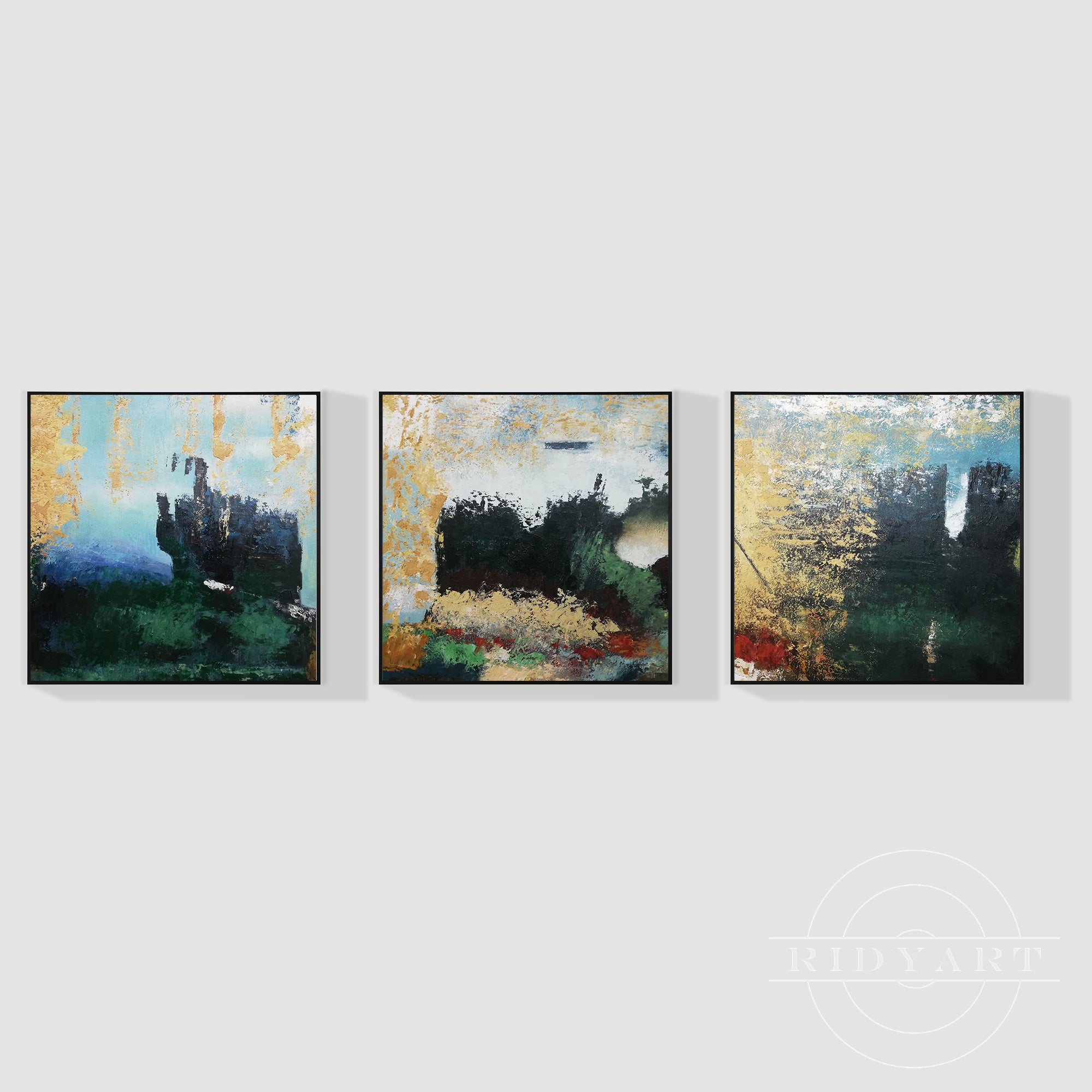 Bold green and gold wall art with layered texture effects