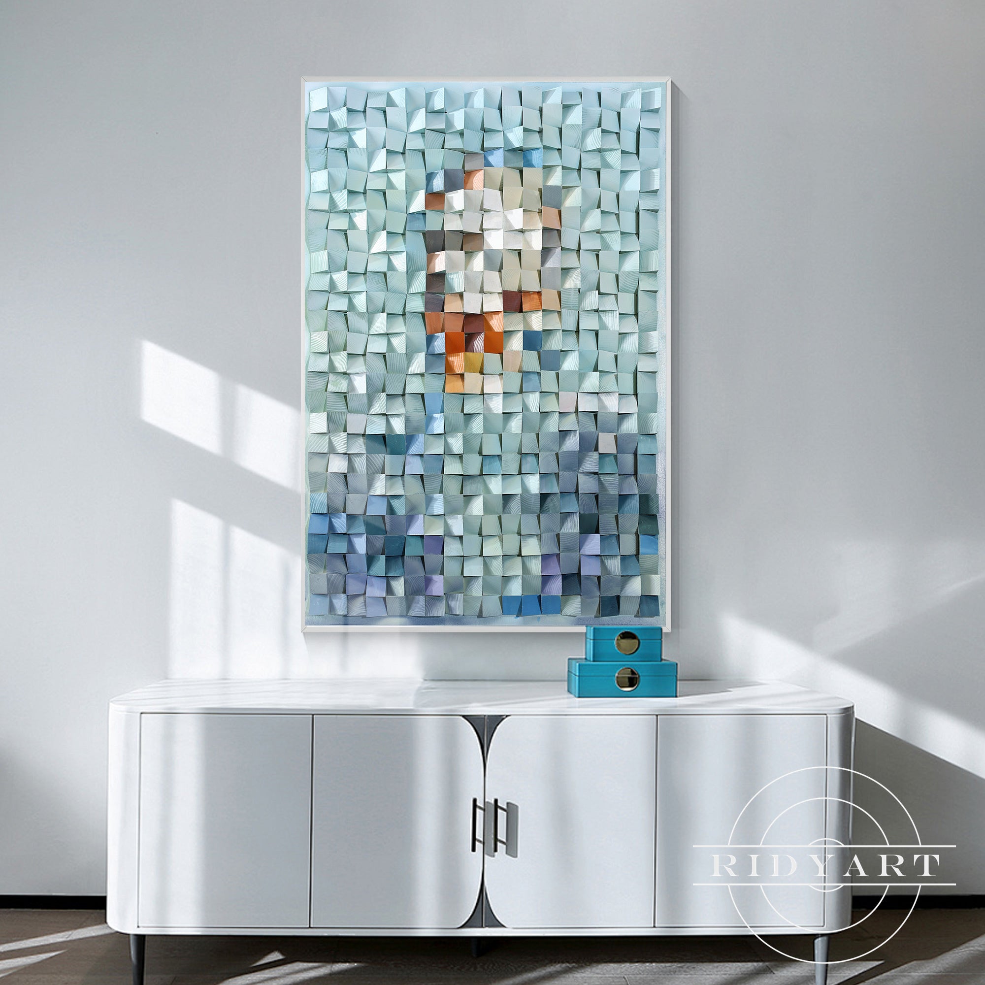 Textured wood portrait art in bold geometric patterns