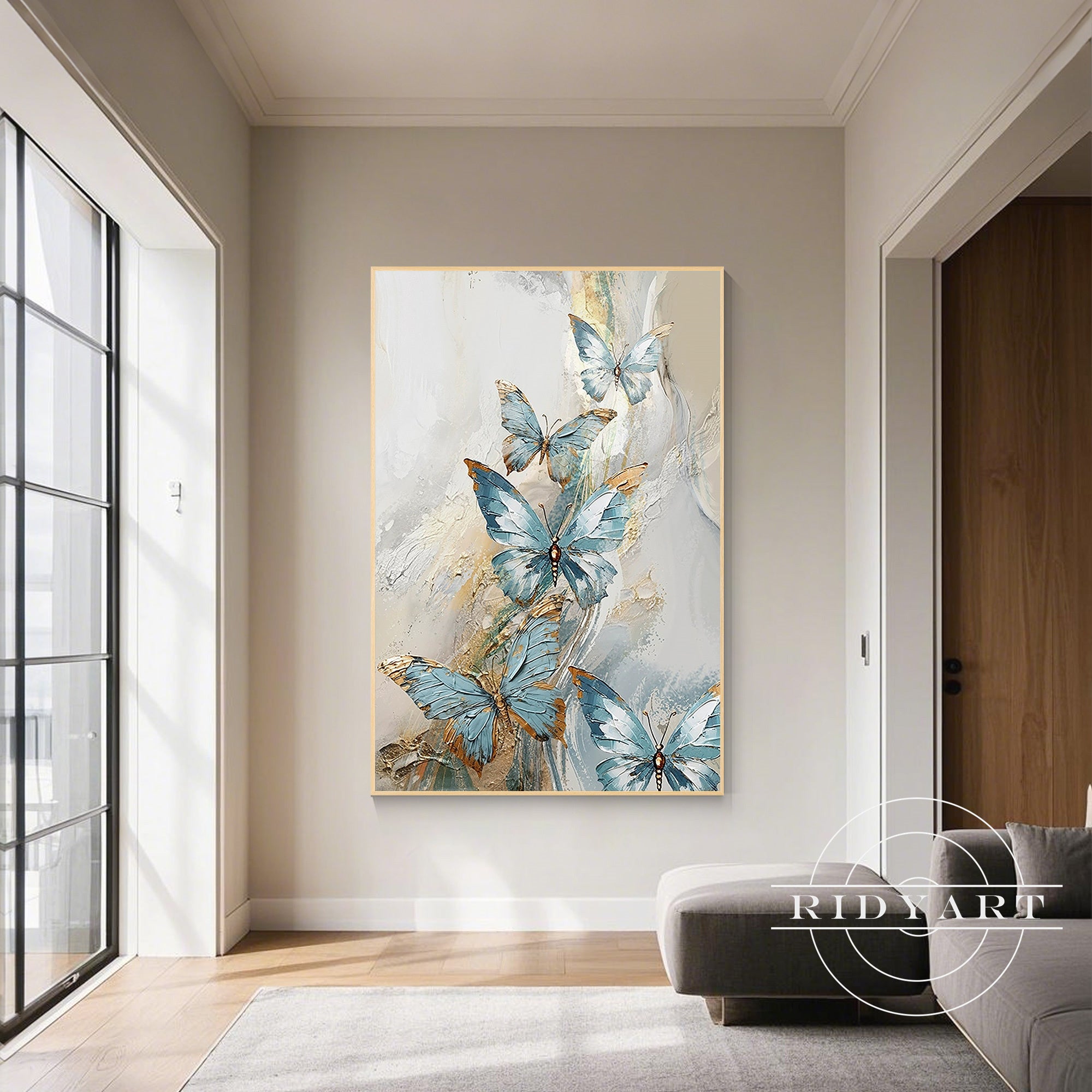 Elegant textured butterfly artwork in shades of blue
