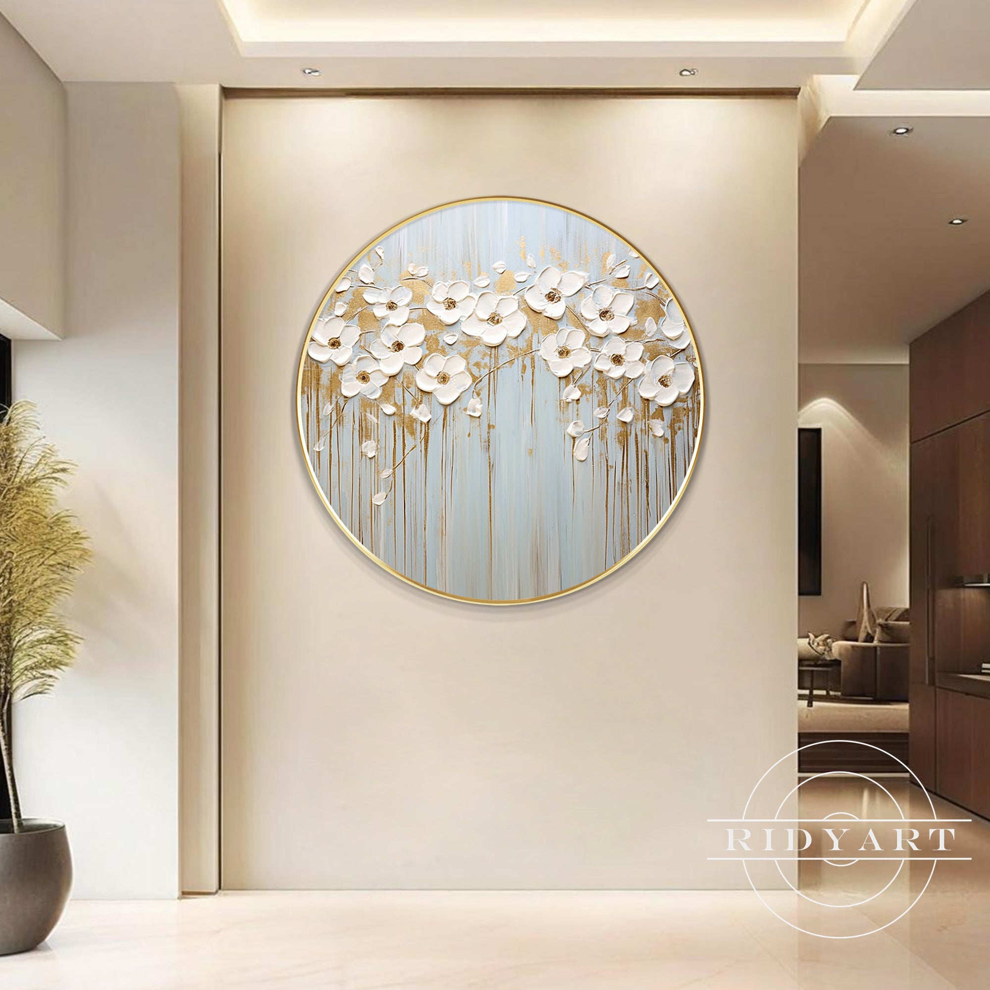 Textured abstract floral painting in gold and white tones