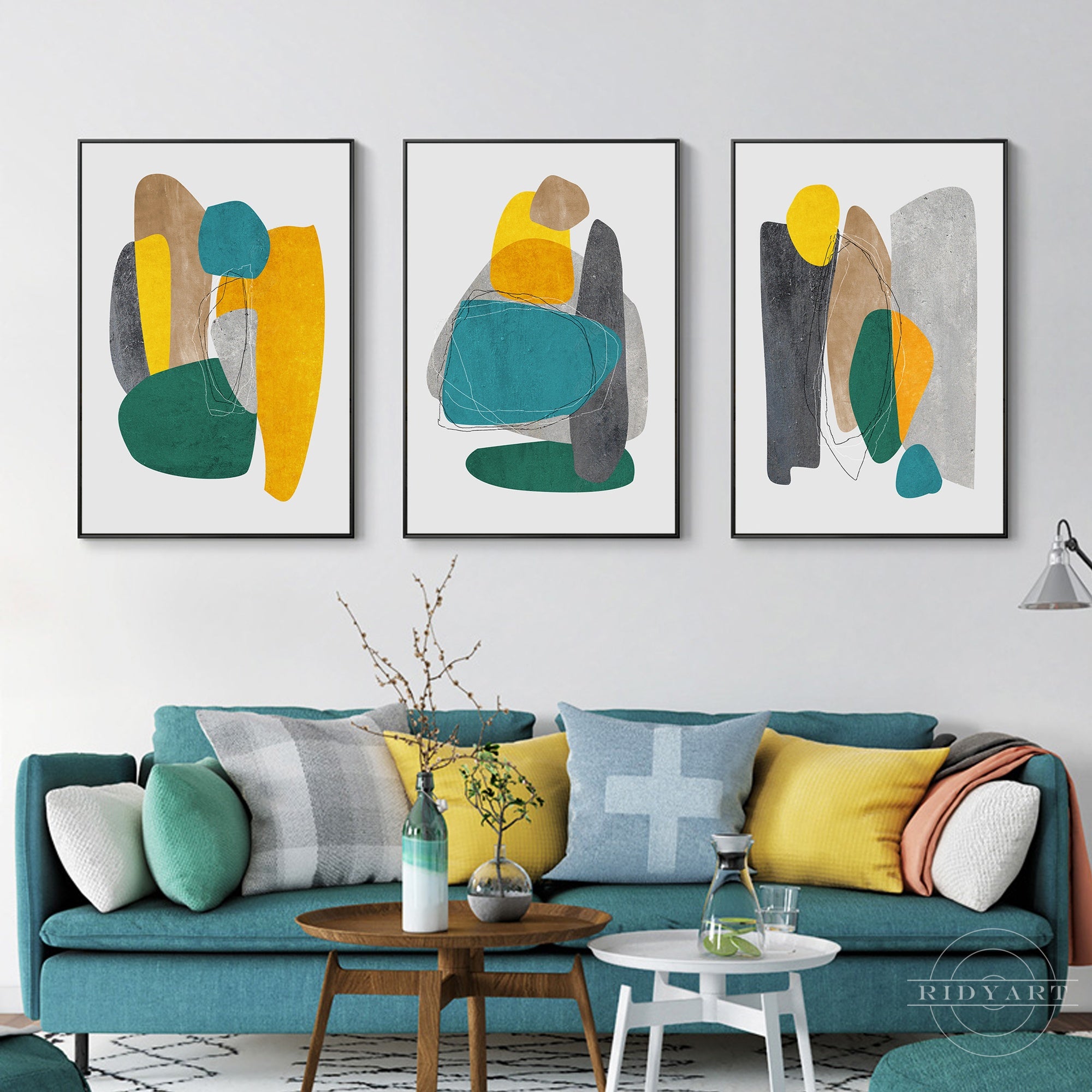 Set of 3 emerald green geometric abstract paintings