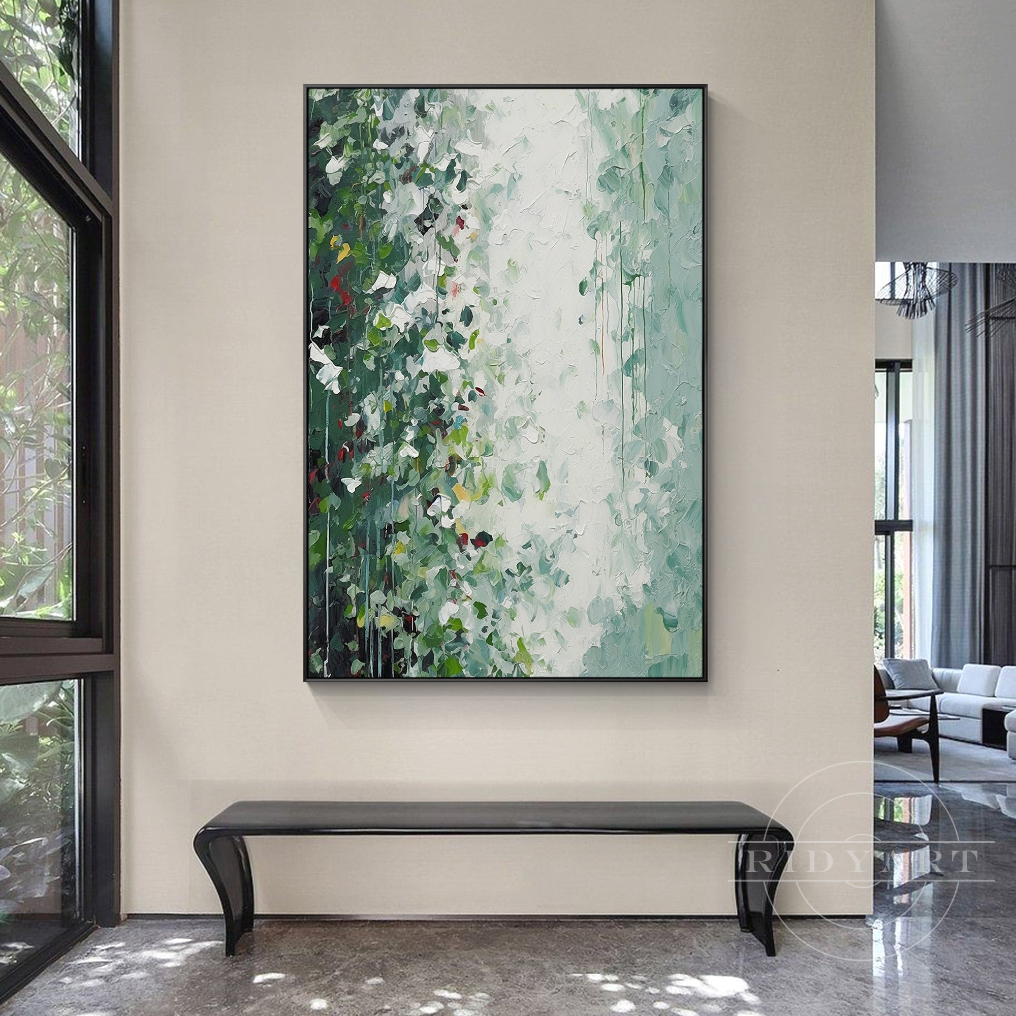 Emerald and mint green wall art featuring vibrant abstract leaf patterns.