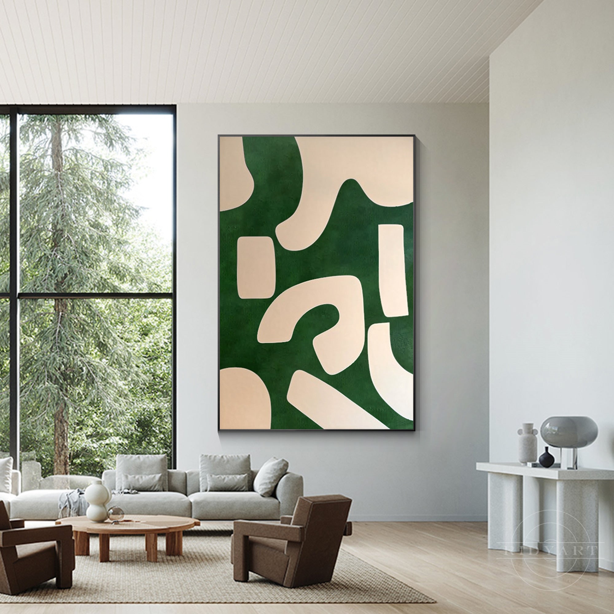 Emerald green and beige abstract painting on canvas with organic shapes. Vertical oversized minimalist wall art for modern home decor.