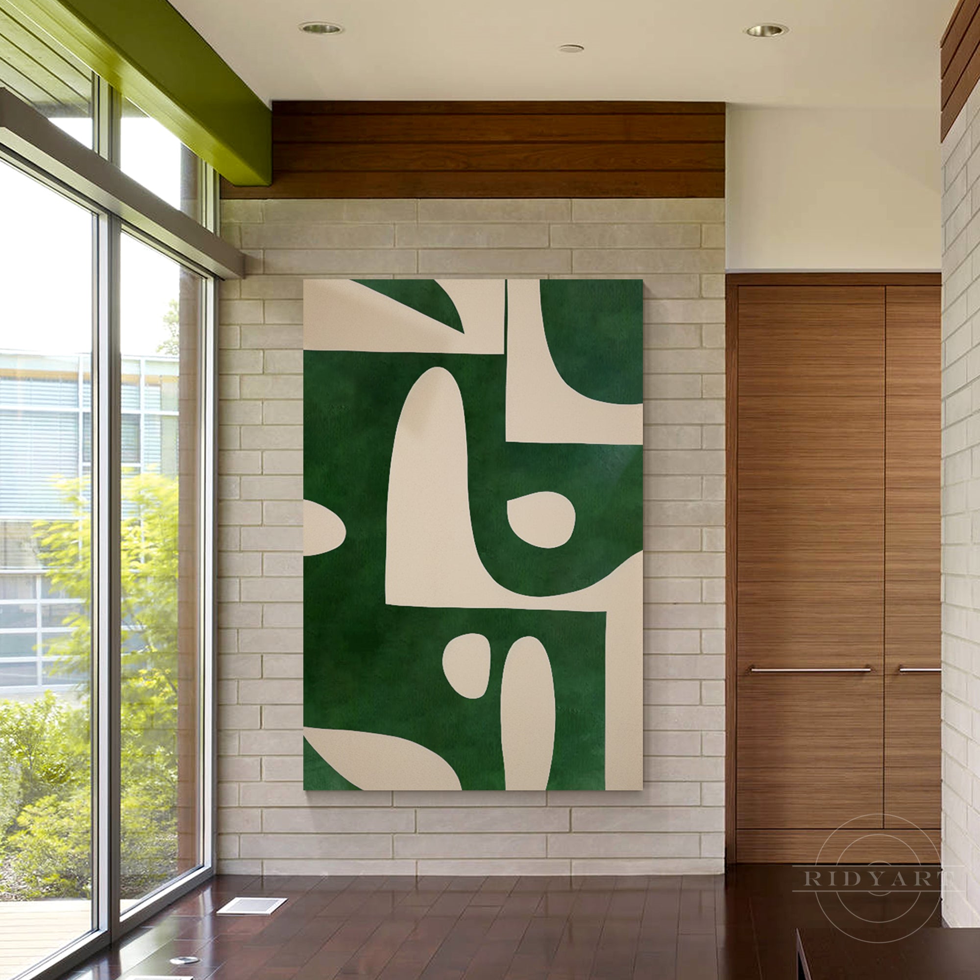 Beige and emerald green vertical abstract art painting on canvas with organic shapes. Large oversized minimalist wall art for home decor.
