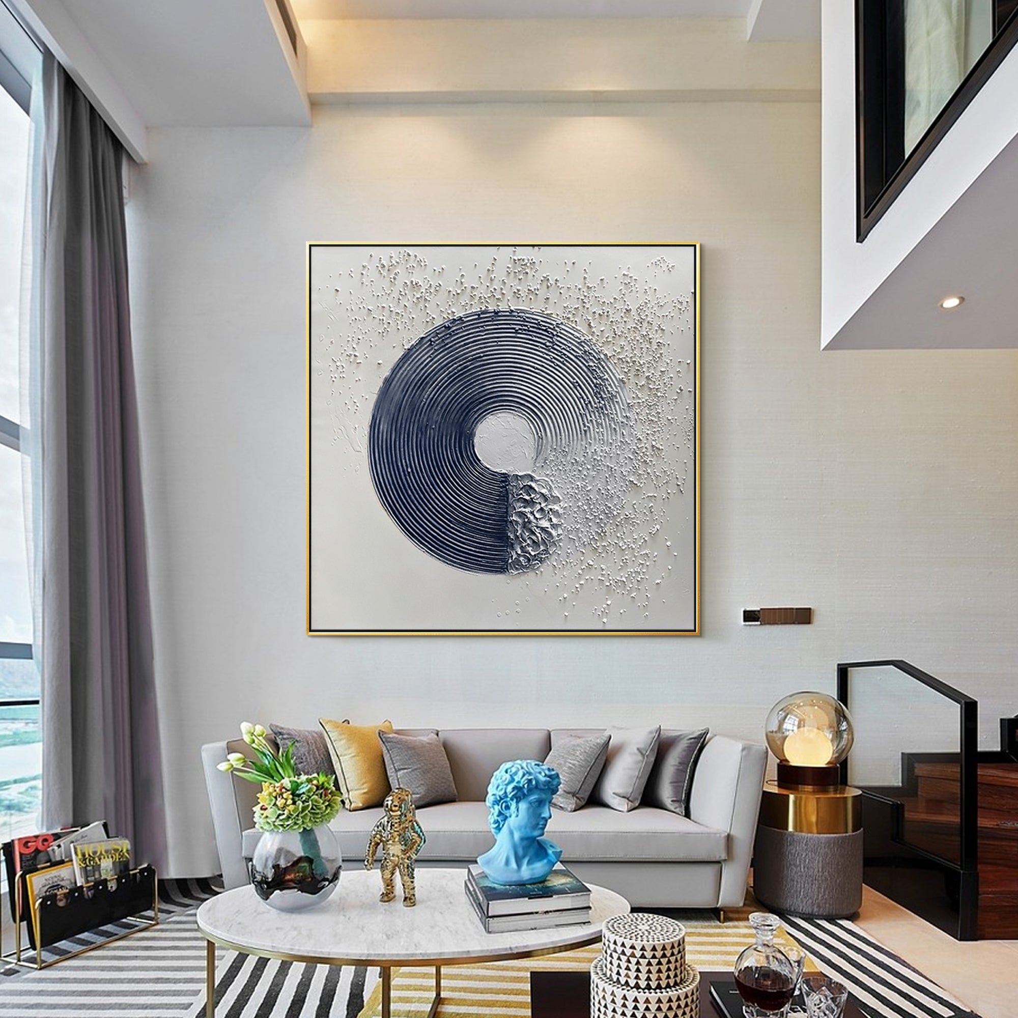 Navy blue textured abstract canvas painting featuring a minimalist Enso circle design. Large framed wall art ideal for living room or modern decor.