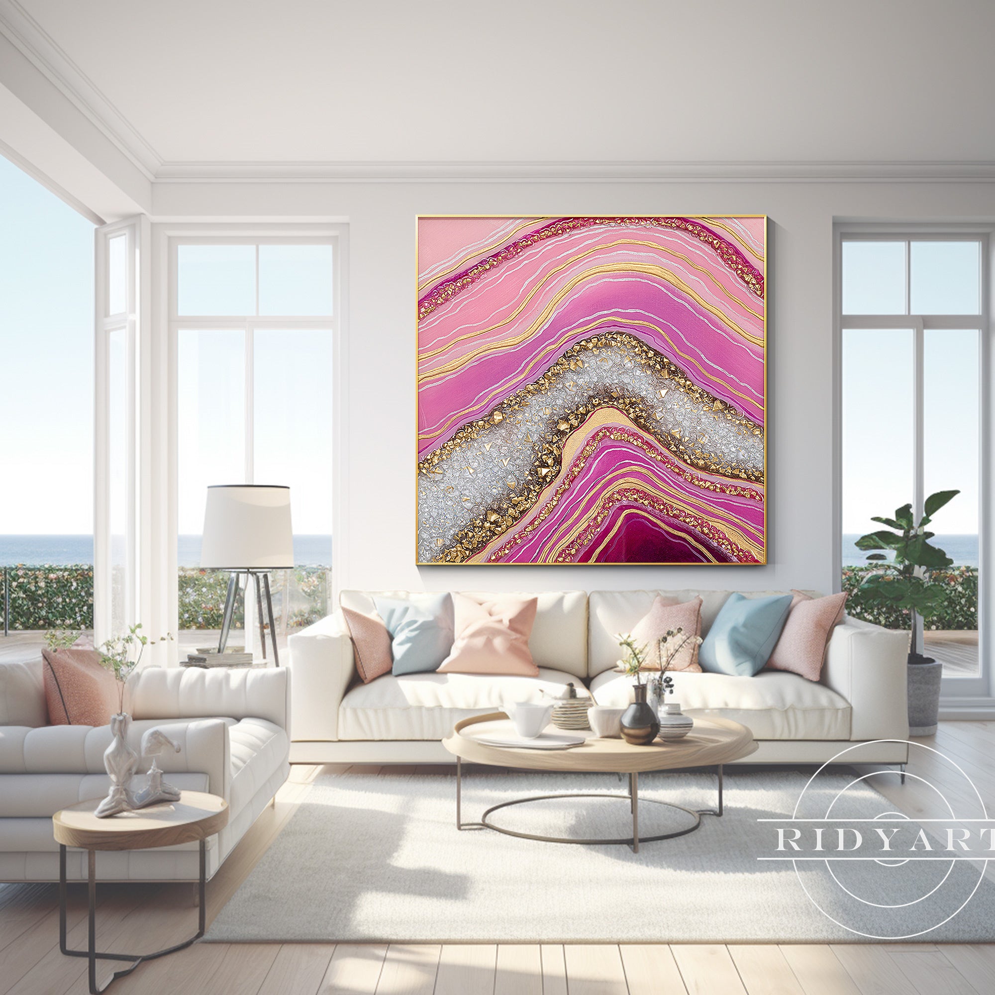 Modern pink wall decor featuring epoxy and glitter