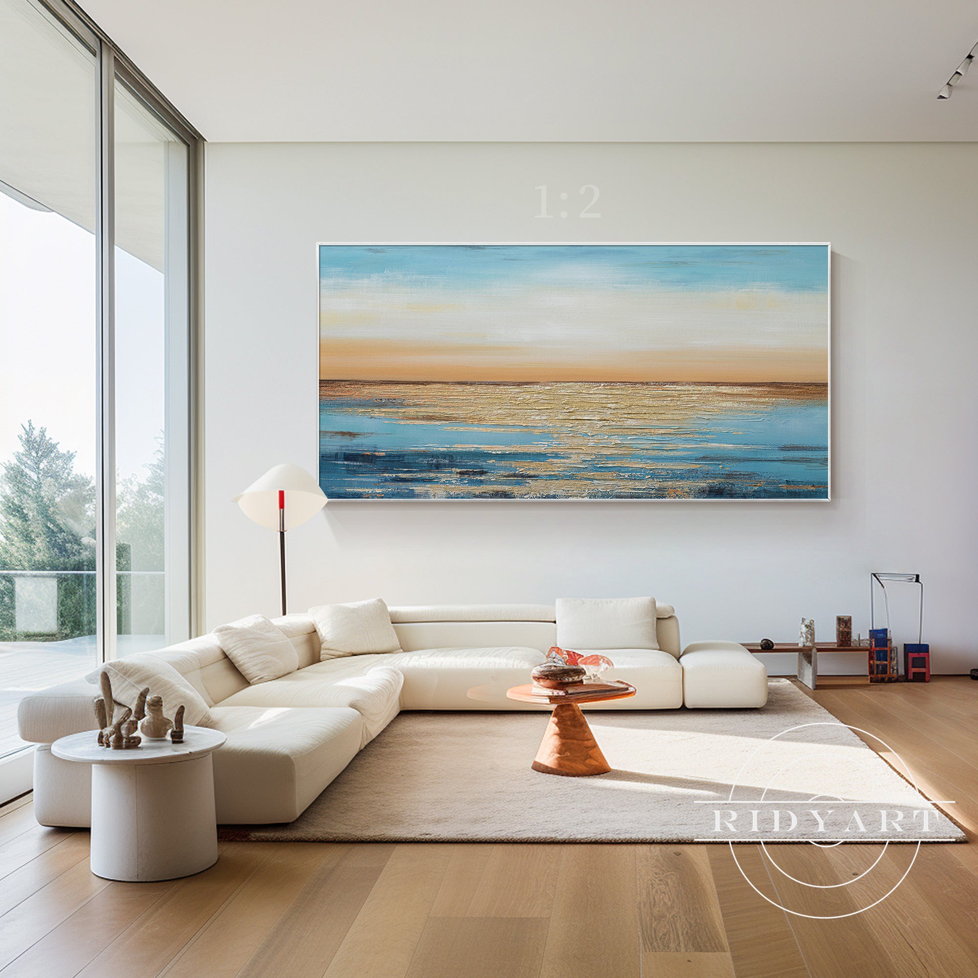Sunrise ocean canvas art with textured blue and gold tones.