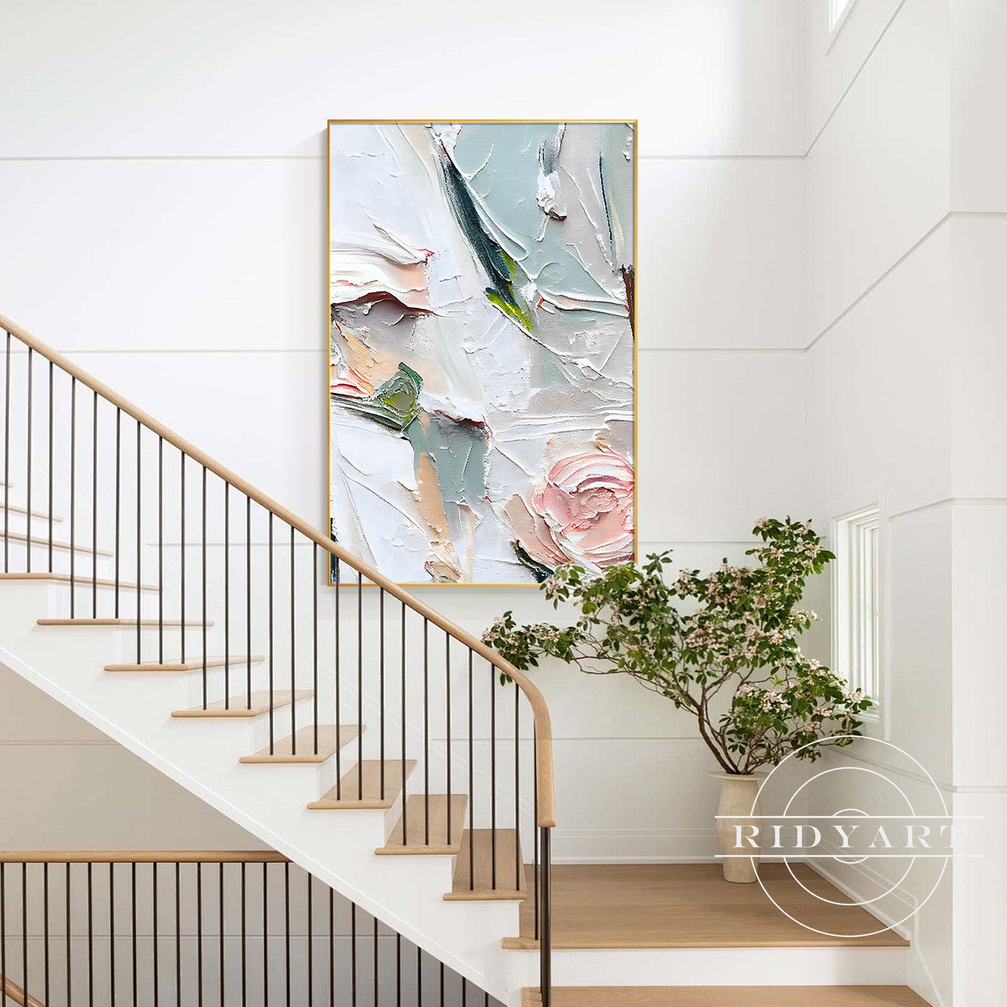 Original textured art of a pink rose on canvas for home decor.