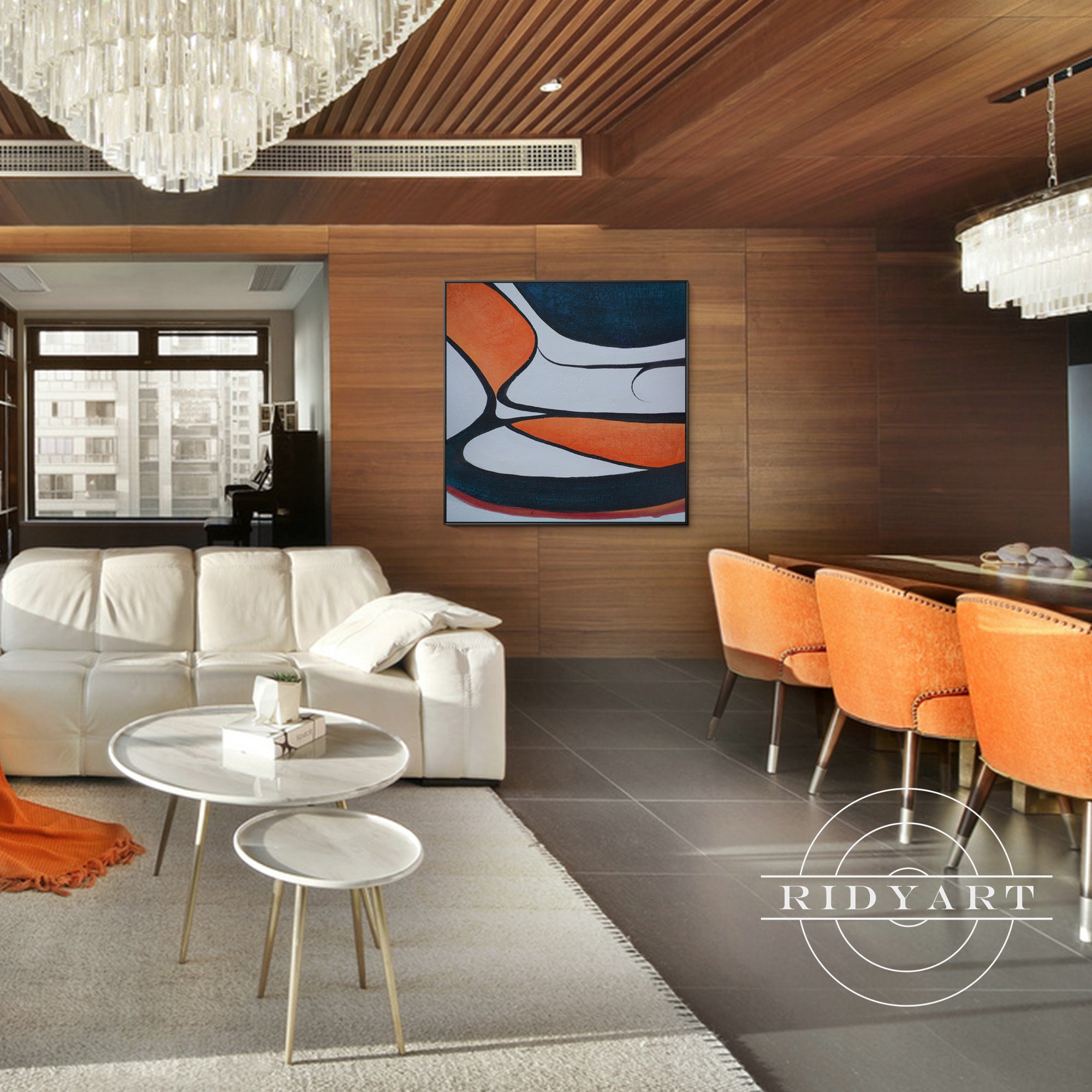 Framed navy and orange geometric painting for home decor