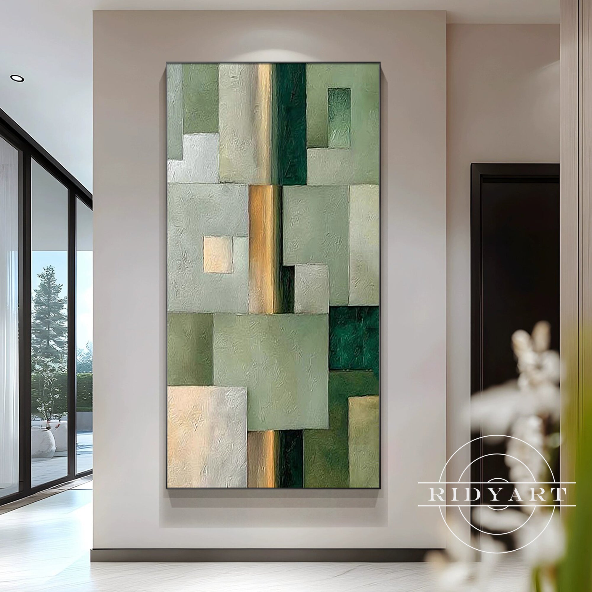 Extra large green and beige wall art framed for living room