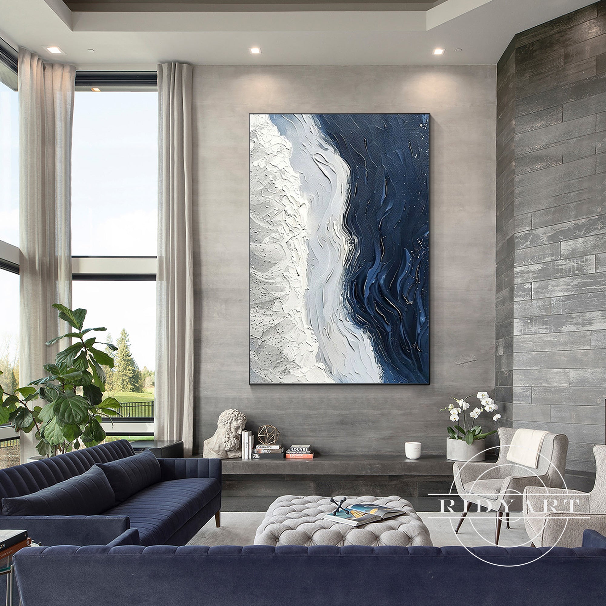 Textured navy blue beach painting with a contemporary feel.