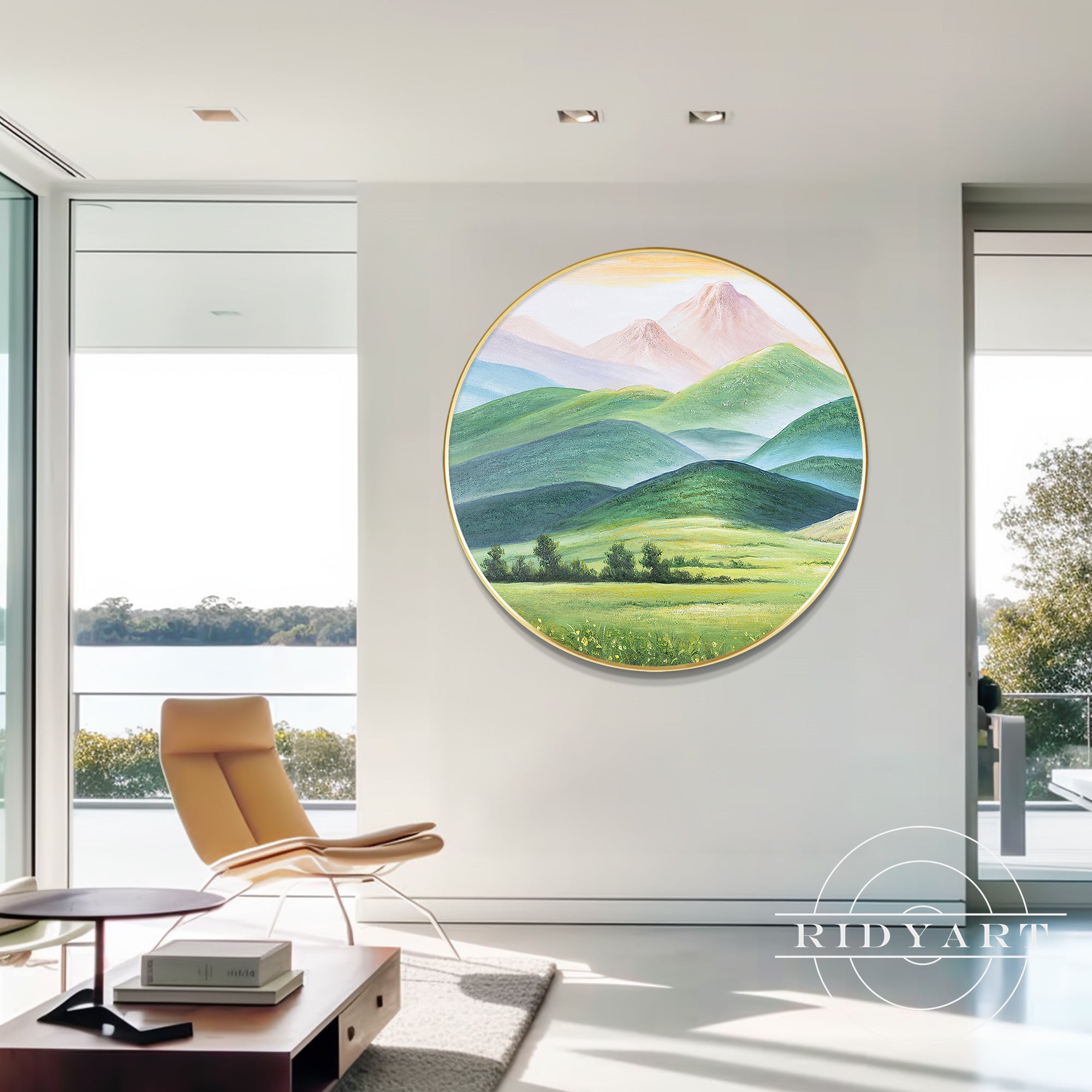 Large wall art featuring green mountains in turquoise tones