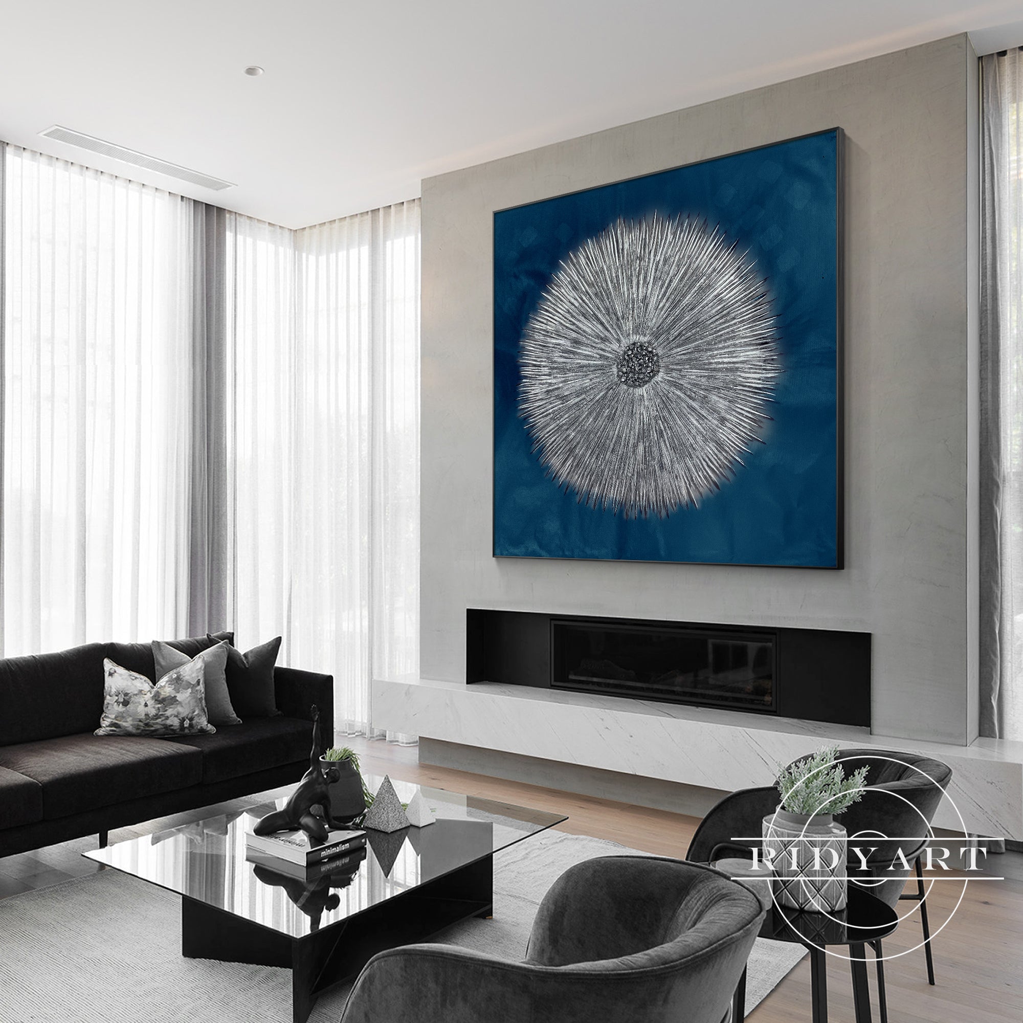 Modern navy blue and silver grey painting for minimalist interiors.