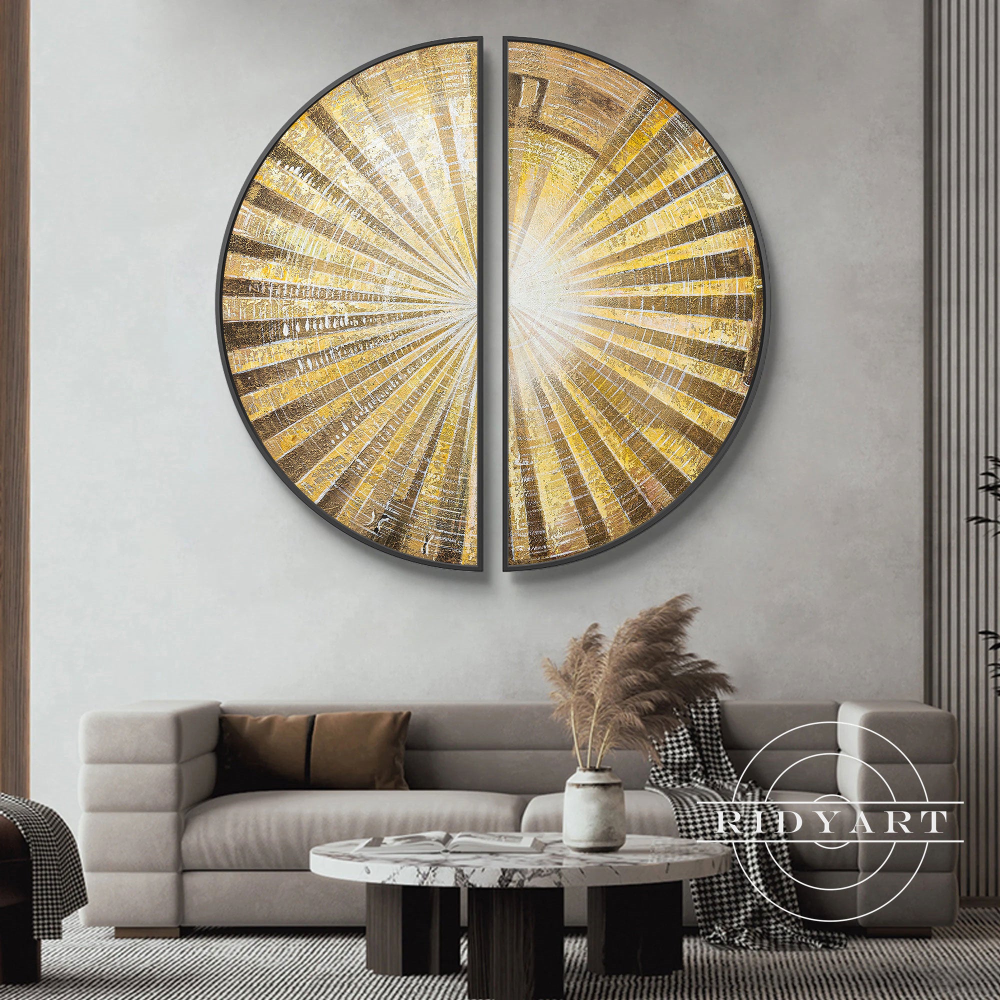 Warm-toned round wall art with gold sun geometry