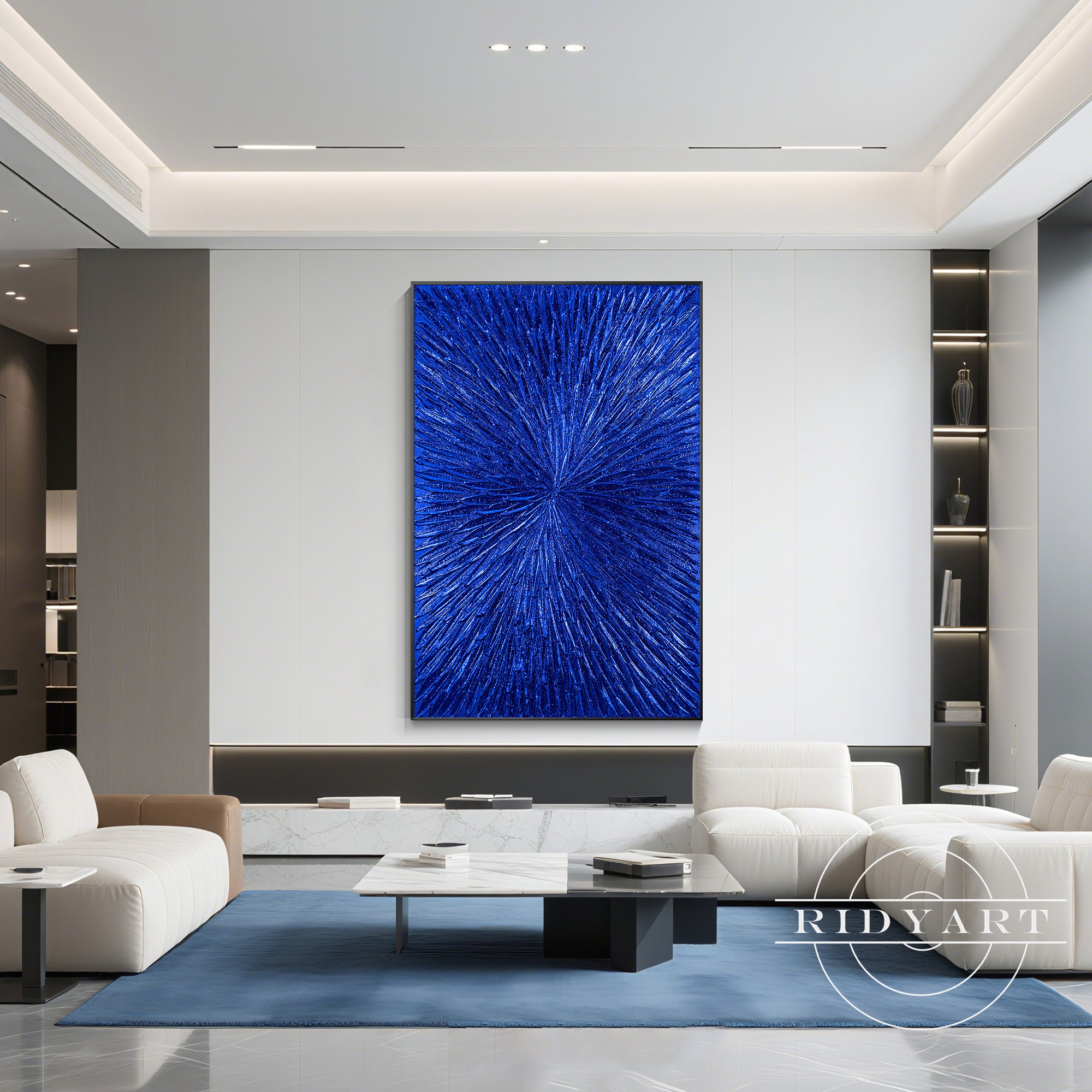 Original blue foil painting with sculpted floral design