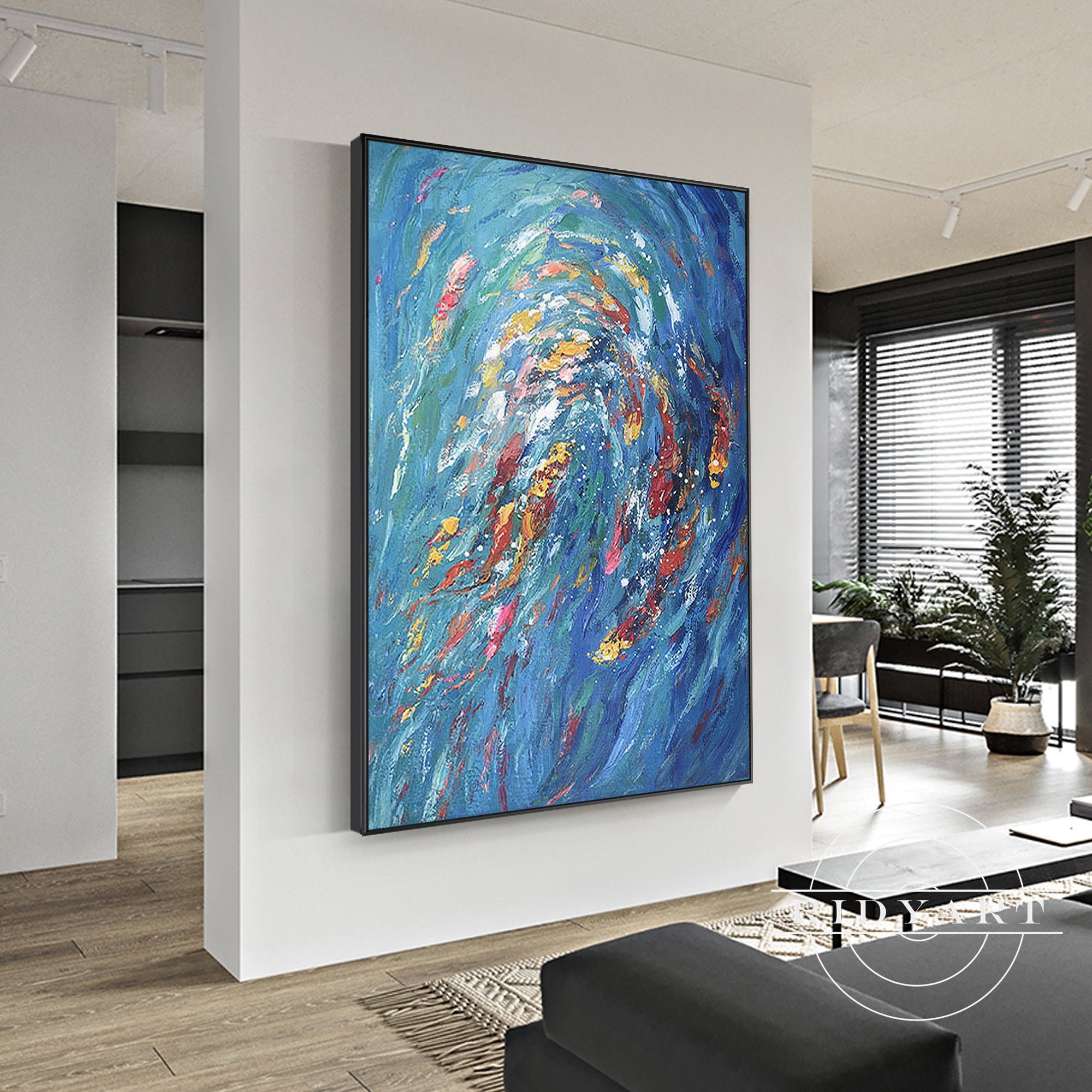 Feng shui koi painting with flowing blue water and vibrant fish