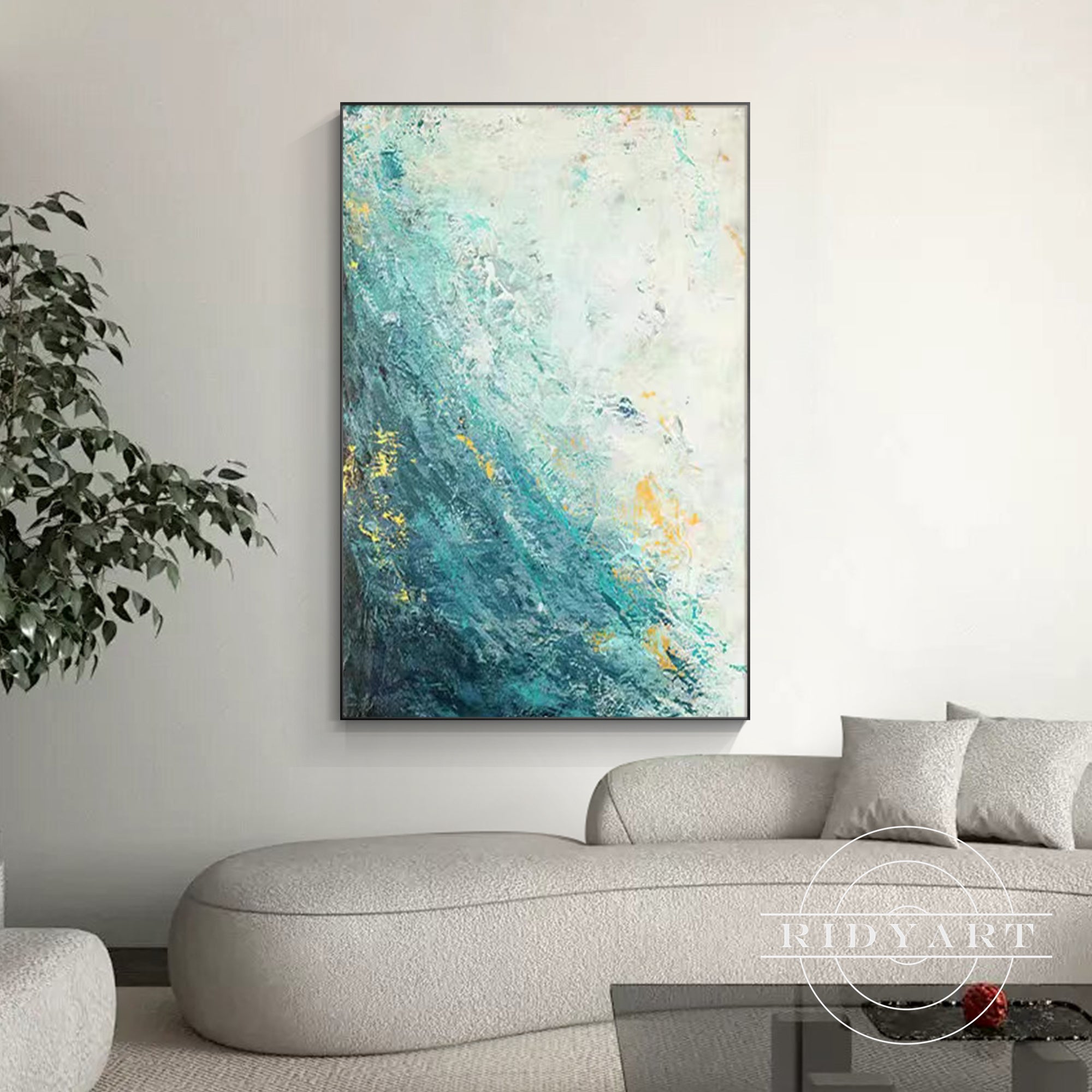 Extra large textured teal blue ocean painting for living room
