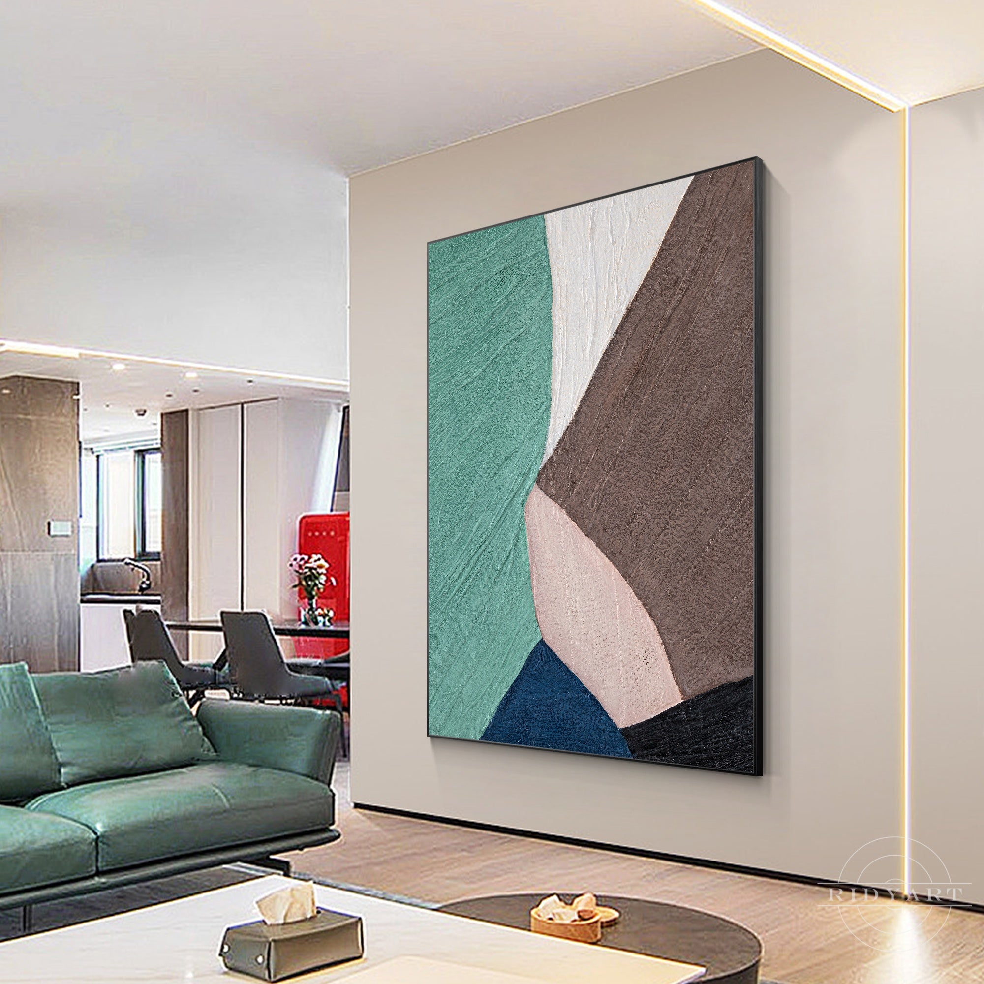 Vertical modern wall art in teal and brown colors.