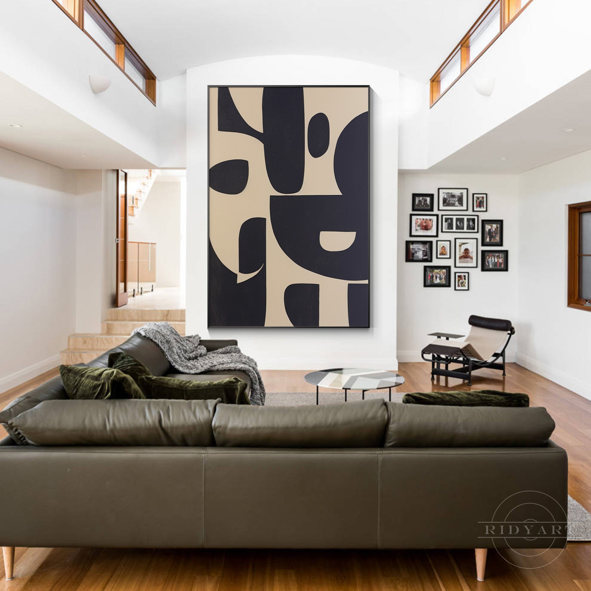 Black and beige geometric texture art painting on canvas with organic shapes. Extra-large wall art for industrial and minimalist home decor.