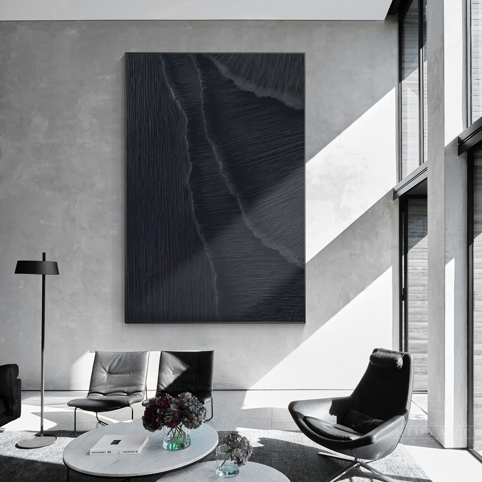 Matte black 3D textured sea waves painting on canvas. Extra-large vertical wall art framed for minimalist home decor.
