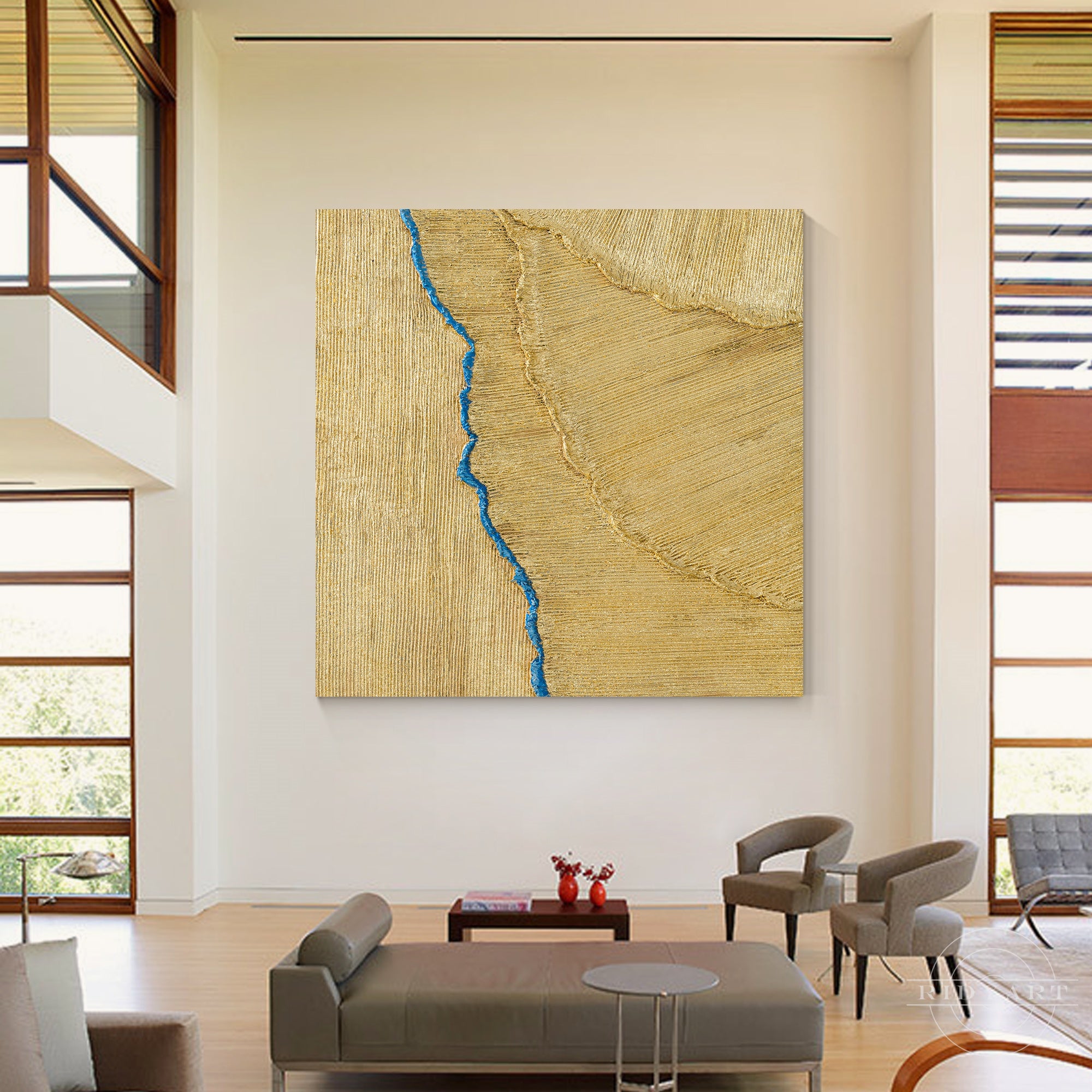 Gold foil heavy texture abstract 3D minimalist painting.
