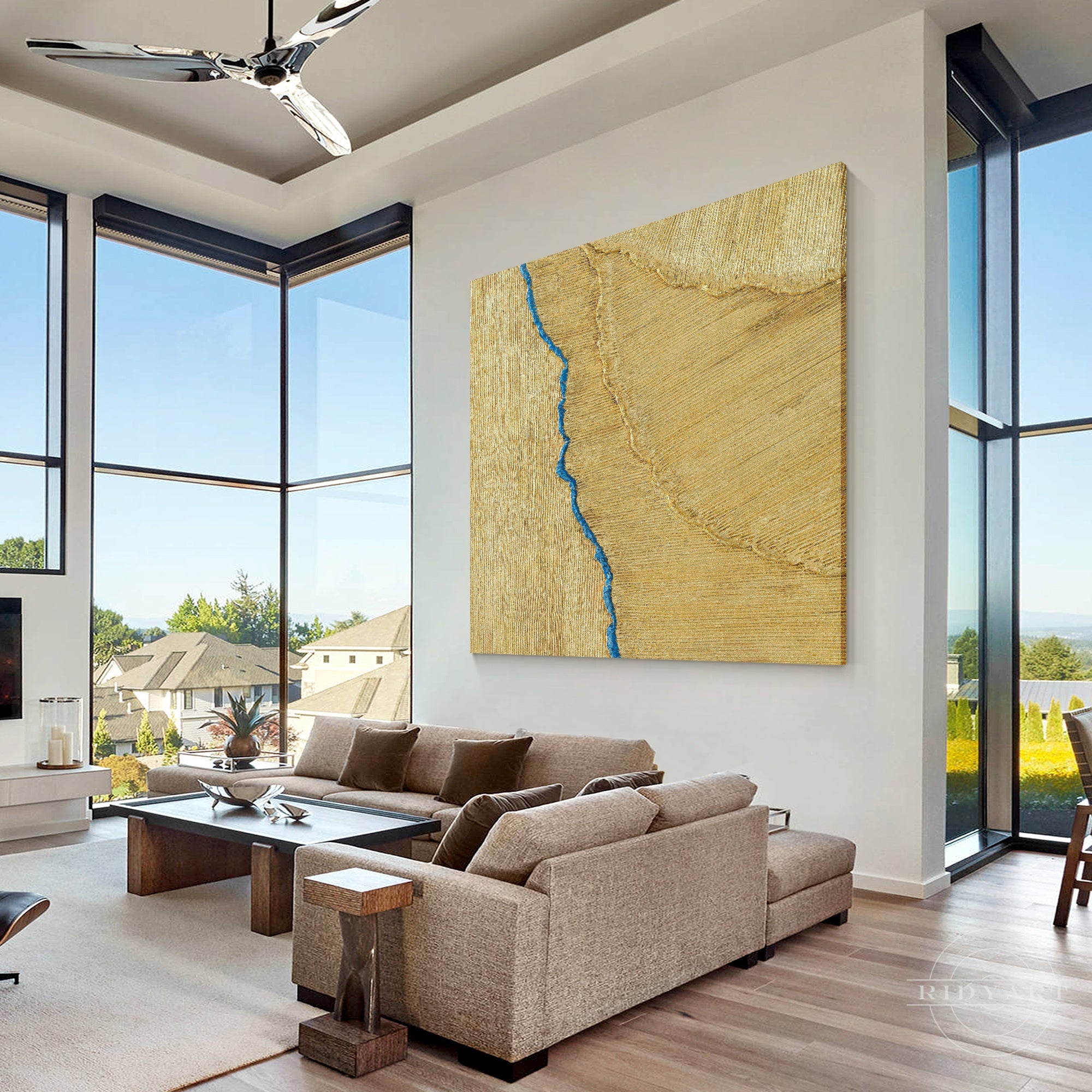 Gold foil heavy texture abstract 3D minimalist painting.
