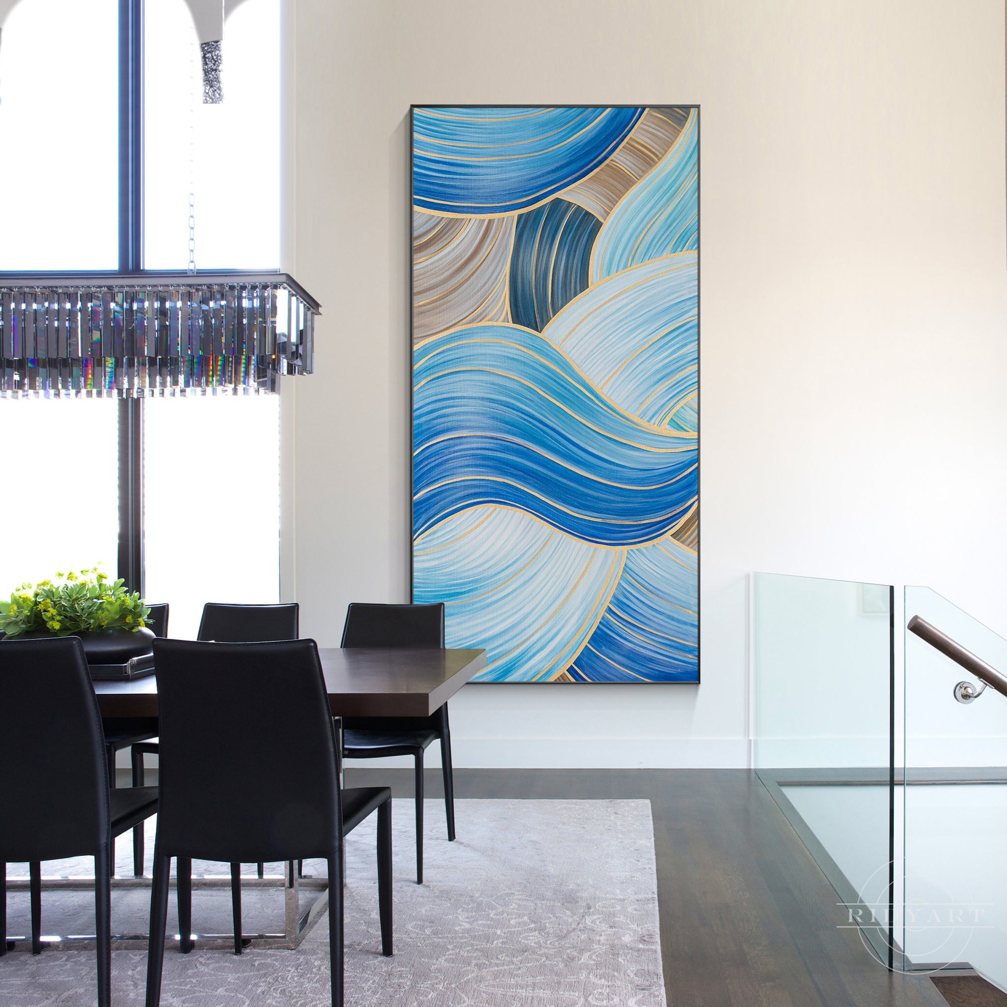 Blue and gold abstract ribbon painting on canvas.